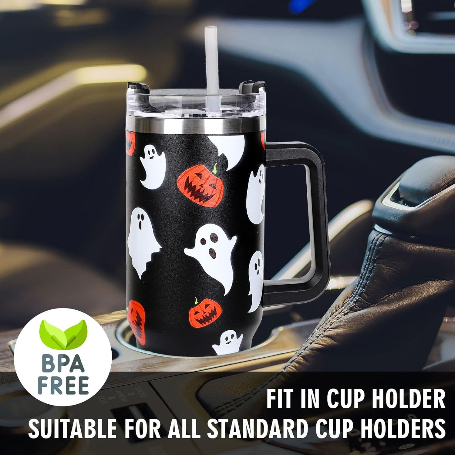 imageWhaline 40oz Halloween Skull Tumbler with Straw and Lid Spooky Skull Flower Travel Coffee Tumbler Cup with Handle for Trick or Treat Birthday Party GiftsGhost