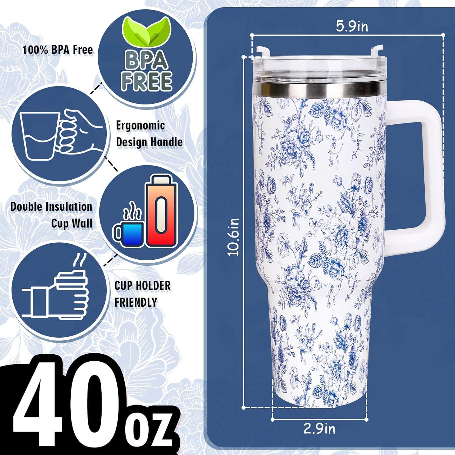 imageWhaline 40oz Halloween Skull Tumbler with Straw and Lid Spooky Skull Flower Travel Coffee Tumbler Cup with Handle for Trick or Treat Birthday Party Giftsblue flower