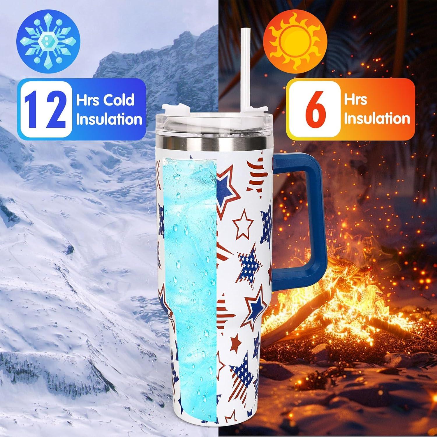 imageWhaline 40oz Halloween Skull Tumbler with Straw and Lid Spooky Skull Flower Travel Coffee Tumbler Cup with Handle for Trick or Treat Birthday Party GiftsIndependence Day Star