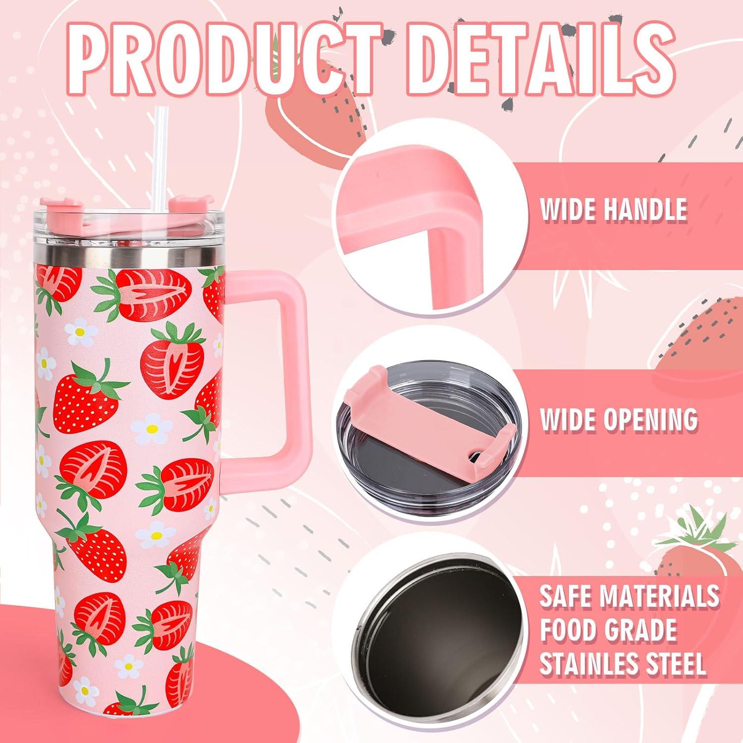 imageWhaline 40oz Halloween Skull Tumbler with Straw and Lid Spooky Skull Flower Travel Coffee Tumbler Cup with Handle for Trick or Treat Birthday Party Giftsstrawberry