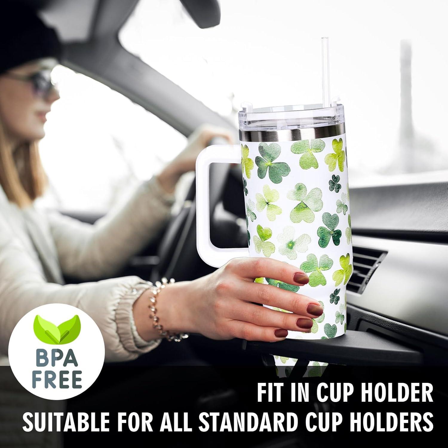 imageWhaline 40oz Halloween Skull Tumbler with Straw and Lid Spooky Skull Flower Travel Coffee Tumbler Cup with Handle for Trick or Treat Birthday Party Giftsshamrock