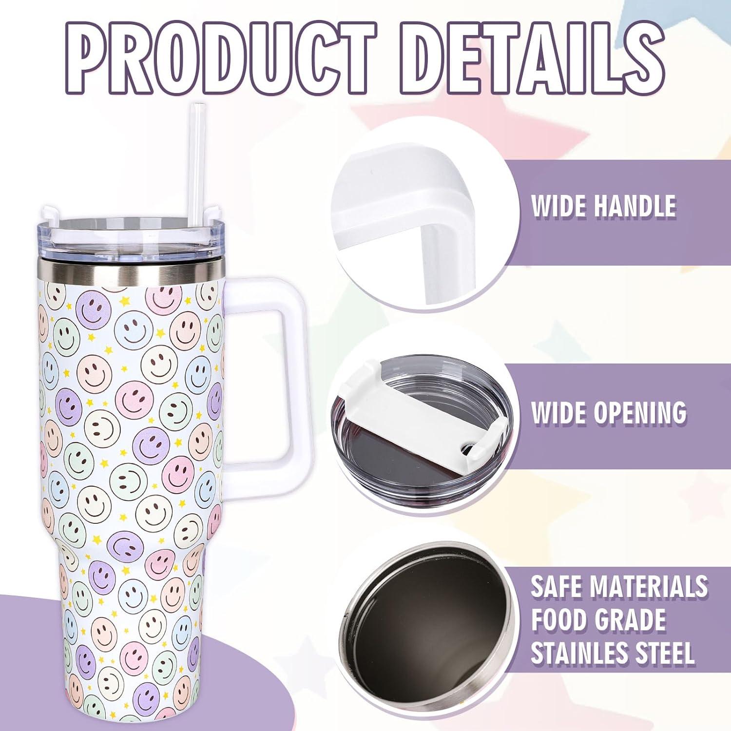 imageWhaline 40oz Halloween Skull Tumbler with Straw and Lid Spooky Skull Flower Travel Coffee Tumbler Cup with Handle for Trick or Treat Birthday Party Giftshappy face