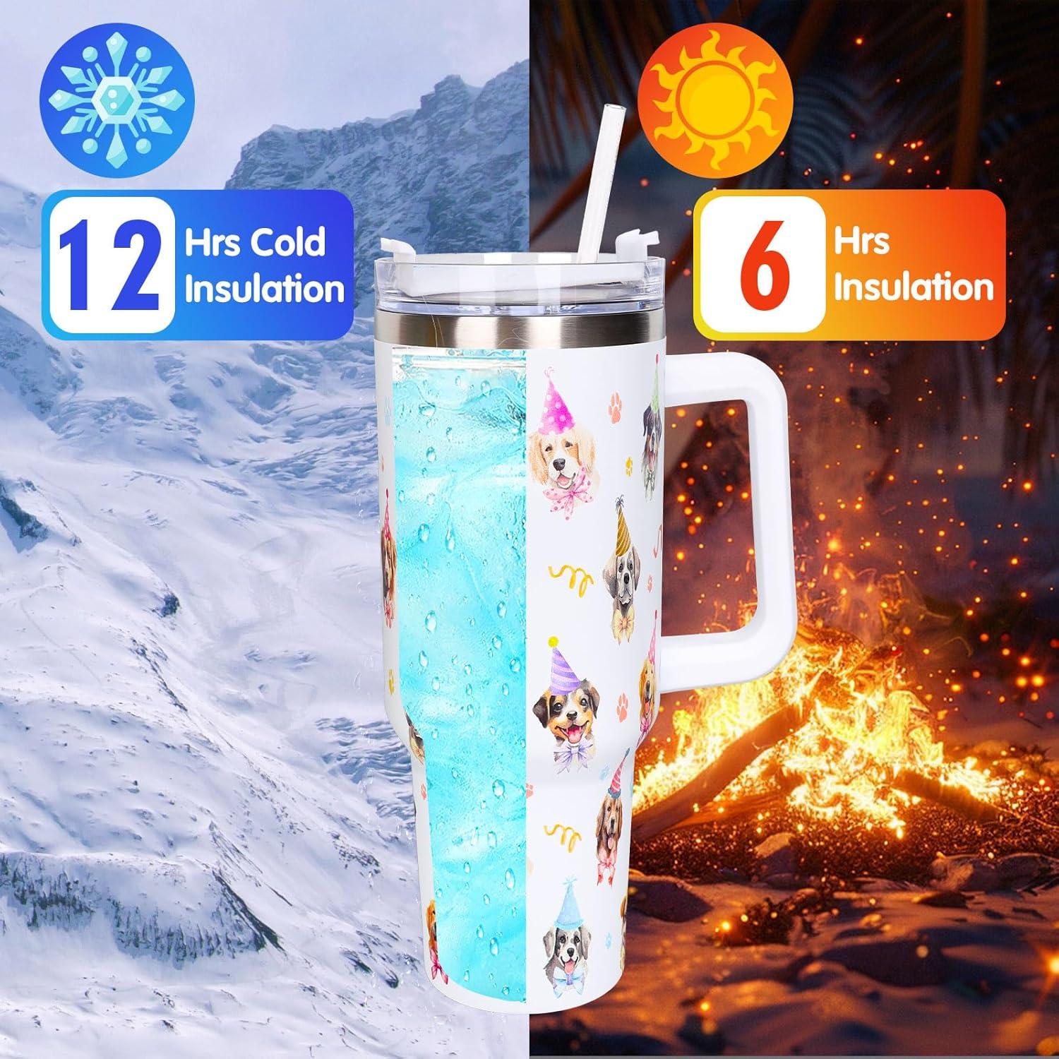 imageWhaline 40oz Halloween Skull Tumbler with Straw and Lid Spooky Skull Flower Travel Coffee Tumbler Cup with Handle for Trick or Treat Birthday Party Giftsdog