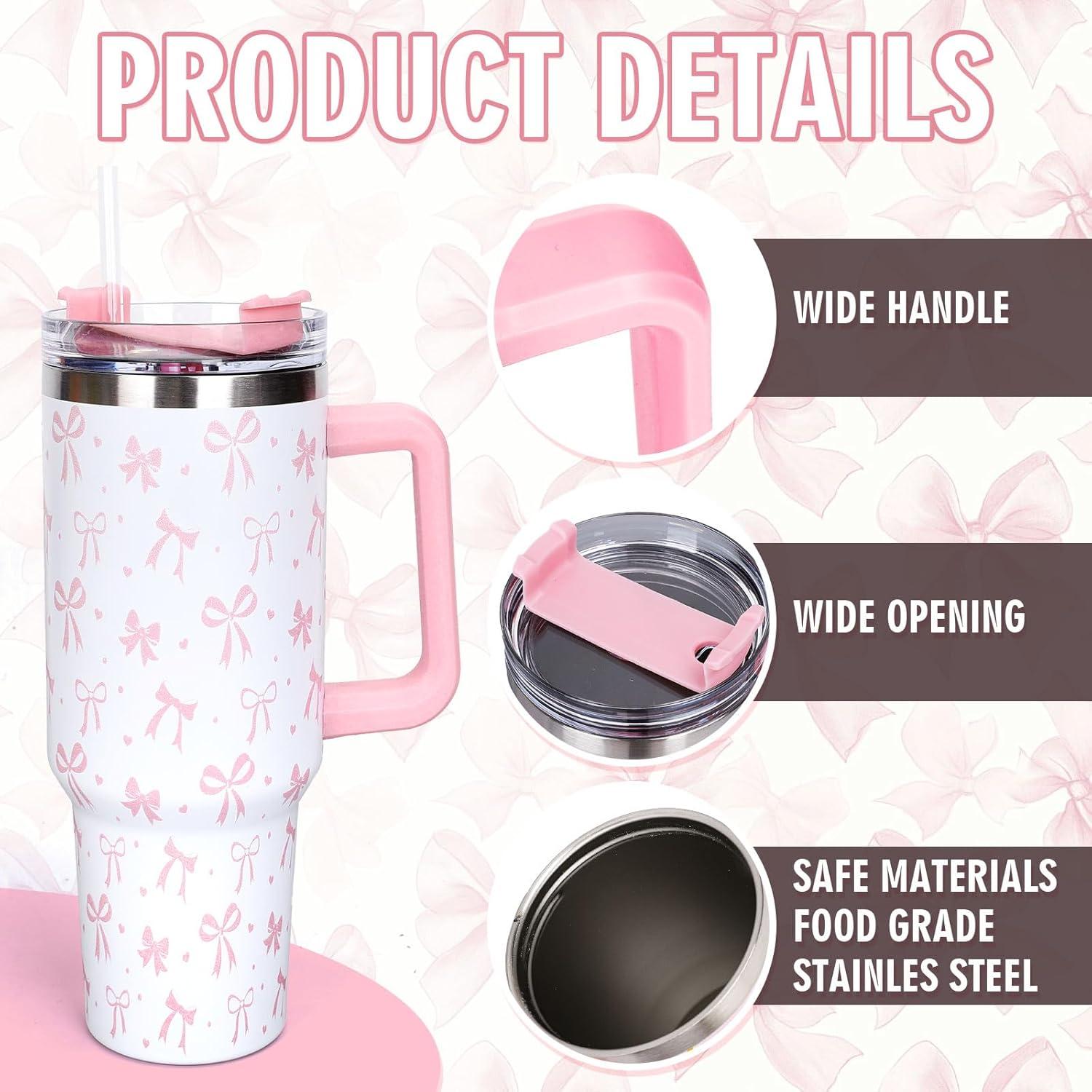 imageWhaline 40oz Halloween Skull Tumbler with Straw and Lid Spooky Skull Flower Travel Coffee Tumbler Cup with Handle for Trick or Treat Birthday Party Giftscute pink bow