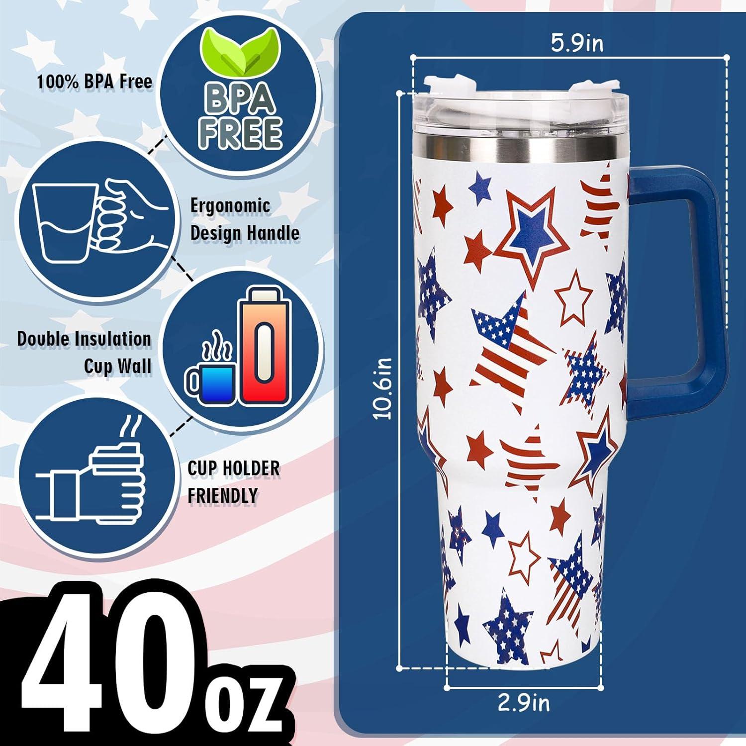 imageWhaline 40oz Halloween Skull Tumbler with Straw and Lid Spooky Skull Flower Travel Coffee Tumbler Cup with Handle for Trick or Treat Birthday Party GiftsIndependence Day Star