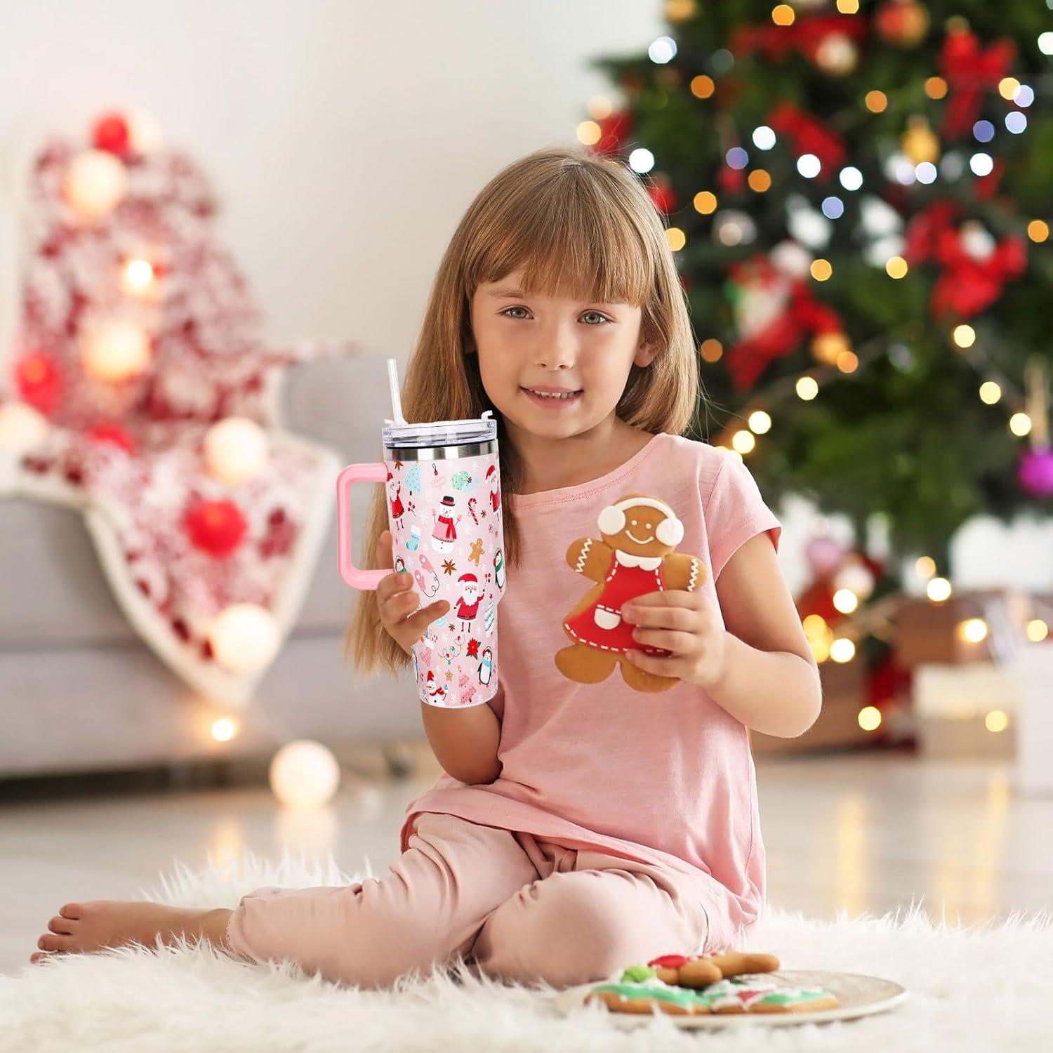 imageWhaline 40oz Halloween Skull Tumbler with Straw and Lid Spooky Skull Flower Travel Coffee Tumbler Cup with Handle for Trick or Treat Birthday Party GiftsChristmas Cartoon