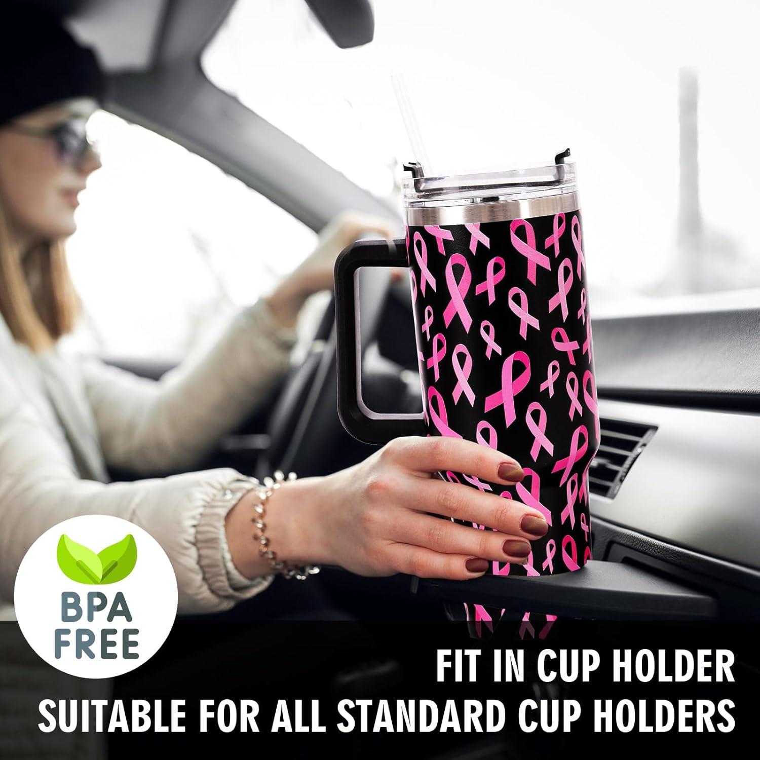 imageWhaline 40oz Halloween Skull Tumbler with Straw and Lid Spooky Skull Flower Travel Coffee Tumbler Cup with Handle for Trick or Treat Birthday Party GiftsBreast Cancer Awareness