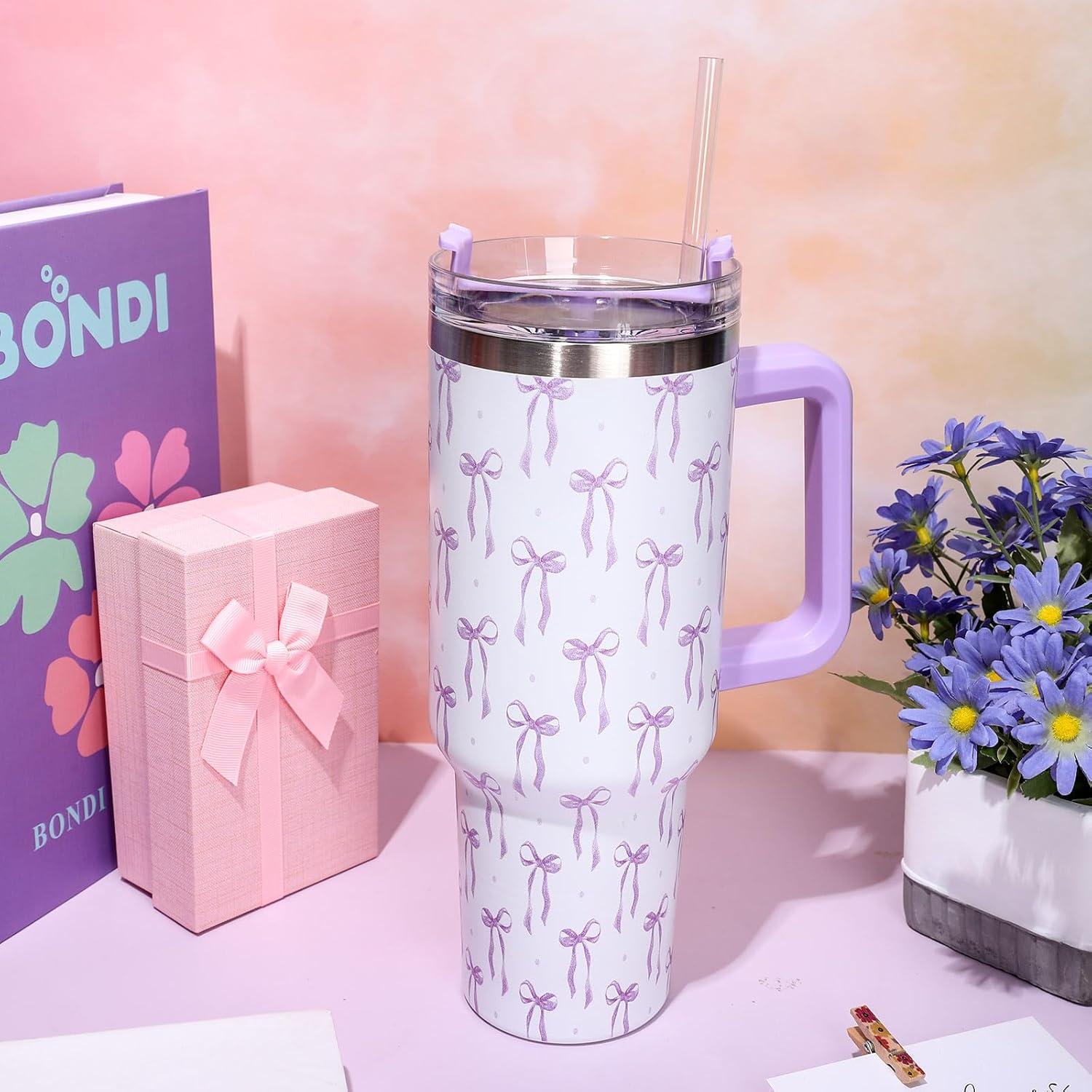 imageWhaline 40oz Halloween Skull Tumbler with Straw and Lid Spooky Skull Flower Travel Coffee Tumbler Cup with Handle for Trick or Treat Birthday Party Giftspurple bow