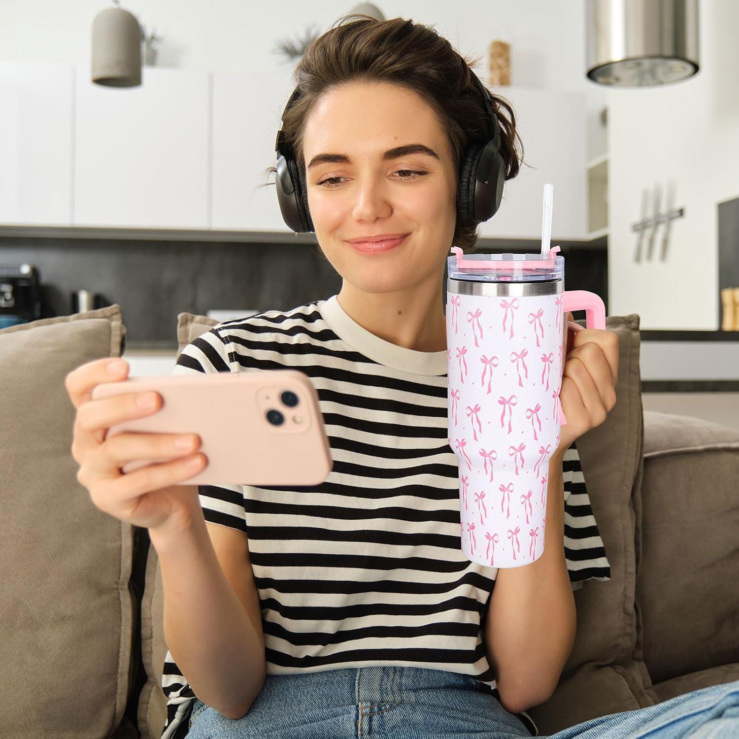 imageWhaline 40oz Halloween Skull Tumbler with Straw and Lid Spooky Skull Flower Travel Coffee Tumbler Cup with Handle for Trick or Treat Birthday Party Giftspink bow