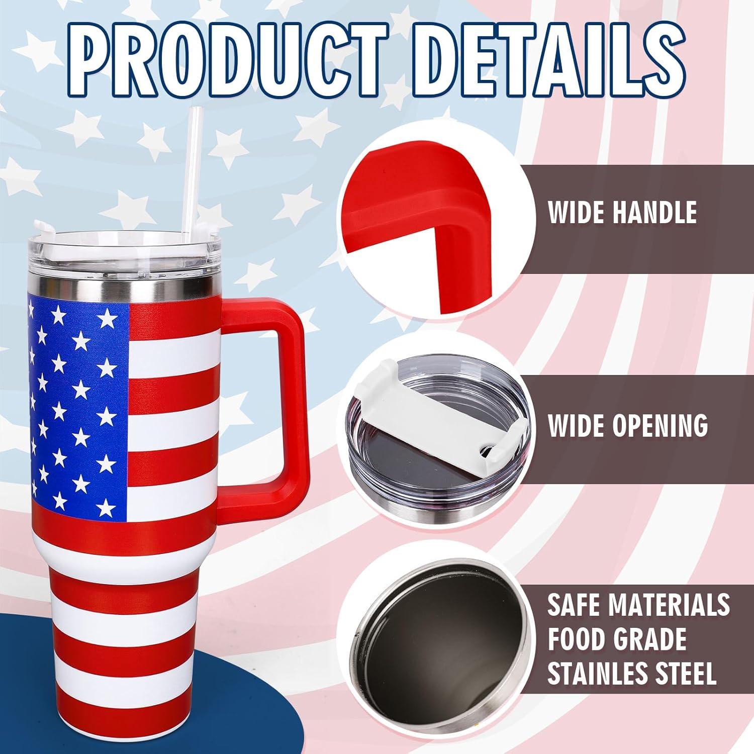 imageWhaline 40oz Halloween Skull Tumbler with Straw and Lid Spooky Skull Flower Travel Coffee Tumbler Cup with Handle for Trick or Treat Birthday Party GiftsAmerican Flag