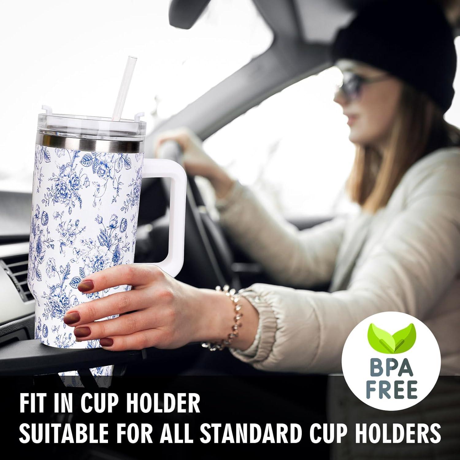 imageWhaline 40oz Halloween Skull Tumbler with Straw and Lid Spooky Skull Flower Travel Coffee Tumbler Cup with Handle for Trick or Treat Birthday Party Giftsblue flower