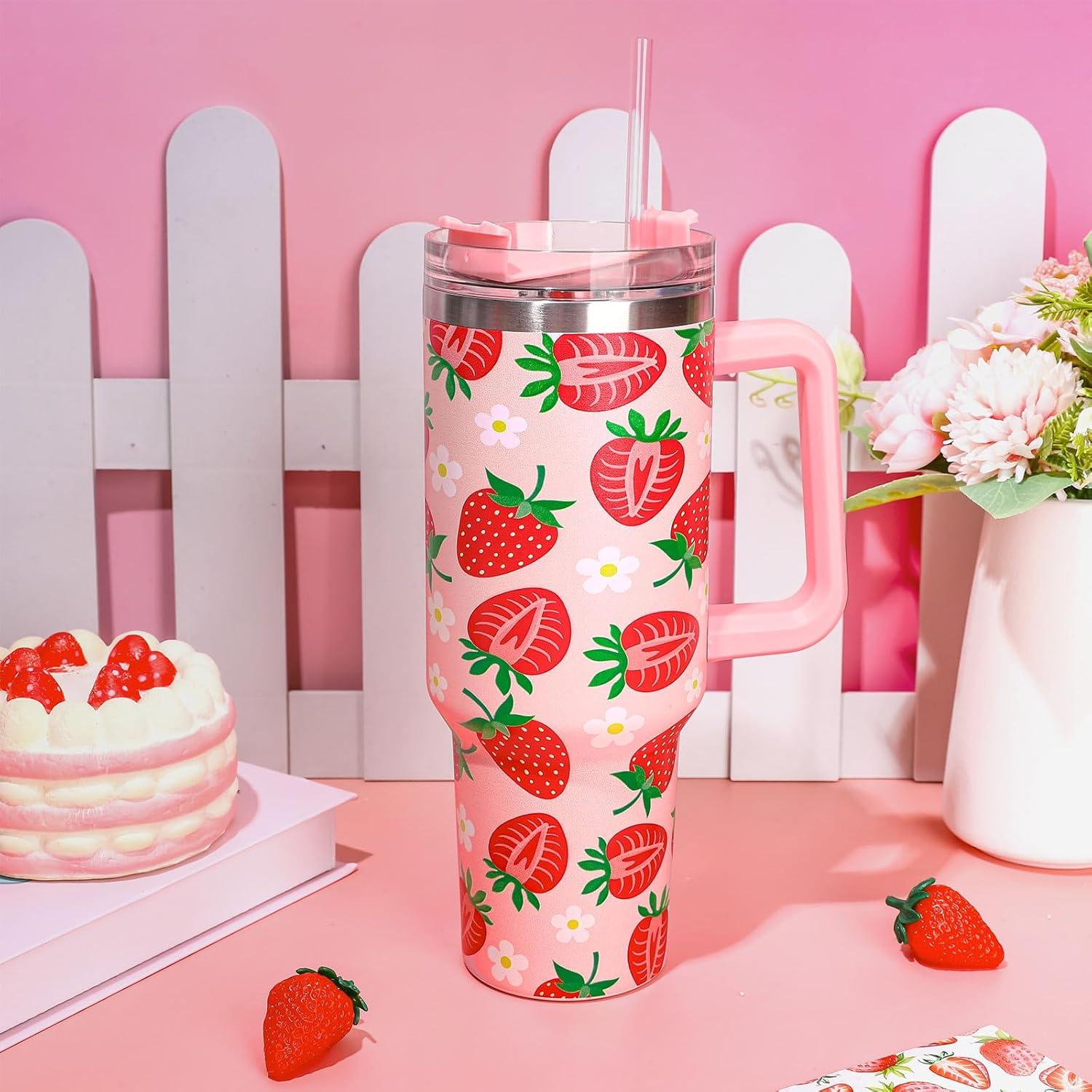 imageWhaline 40oz Halloween Skull Tumbler with Straw and Lid Spooky Skull Flower Travel Coffee Tumbler Cup with Handle for Trick or Treat Birthday Party Giftsstrawberry