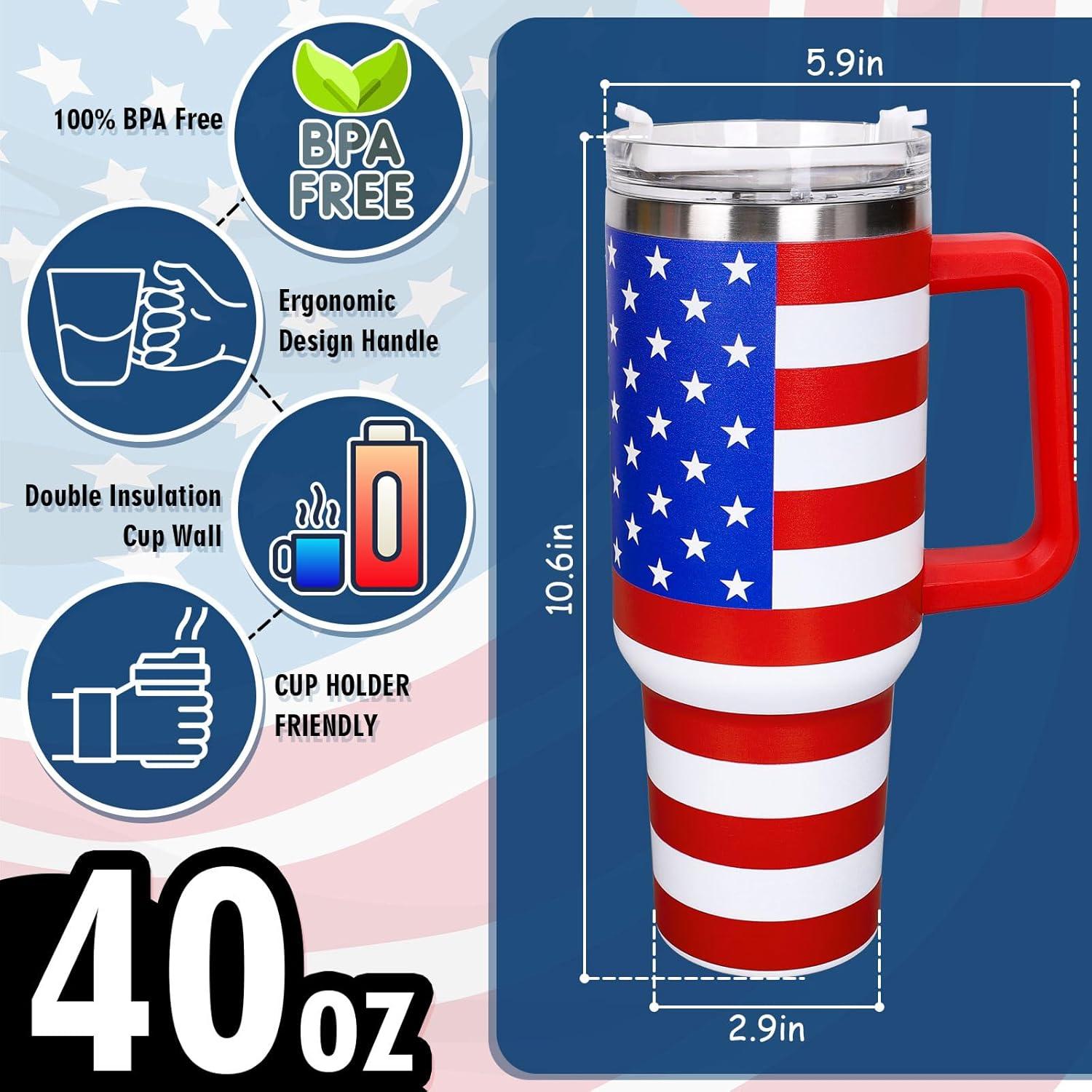 imageWhaline 40oz Halloween Skull Tumbler with Straw and Lid Spooky Skull Flower Travel Coffee Tumbler Cup with Handle for Trick or Treat Birthday Party GiftsAmerican Flag