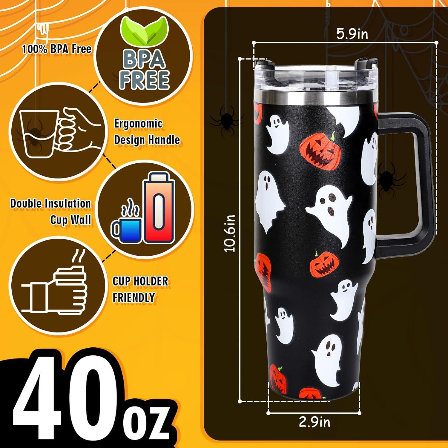 imageWhaline 40oz Halloween Skull Tumbler with Straw and Lid Spooky Skull Flower Travel Coffee Tumbler Cup with Handle for Trick or Treat Birthday Party GiftsGhost
