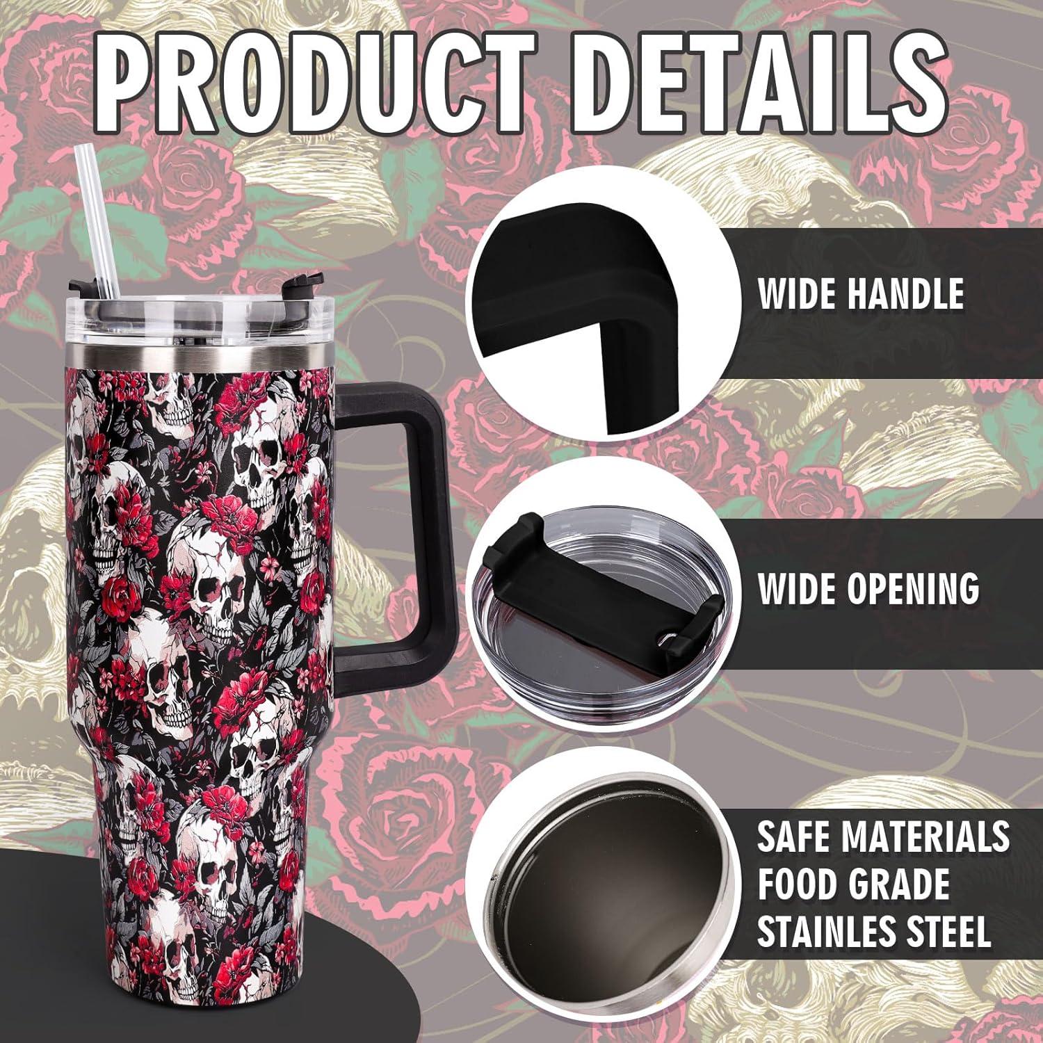 imageWhaline 40oz Halloween Skull Tumbler with Straw and Lid Spooky Skull Flower Travel Coffee Tumbler Cup with Handle for Trick or Treat Birthday Party Giftsfloral skeleton
