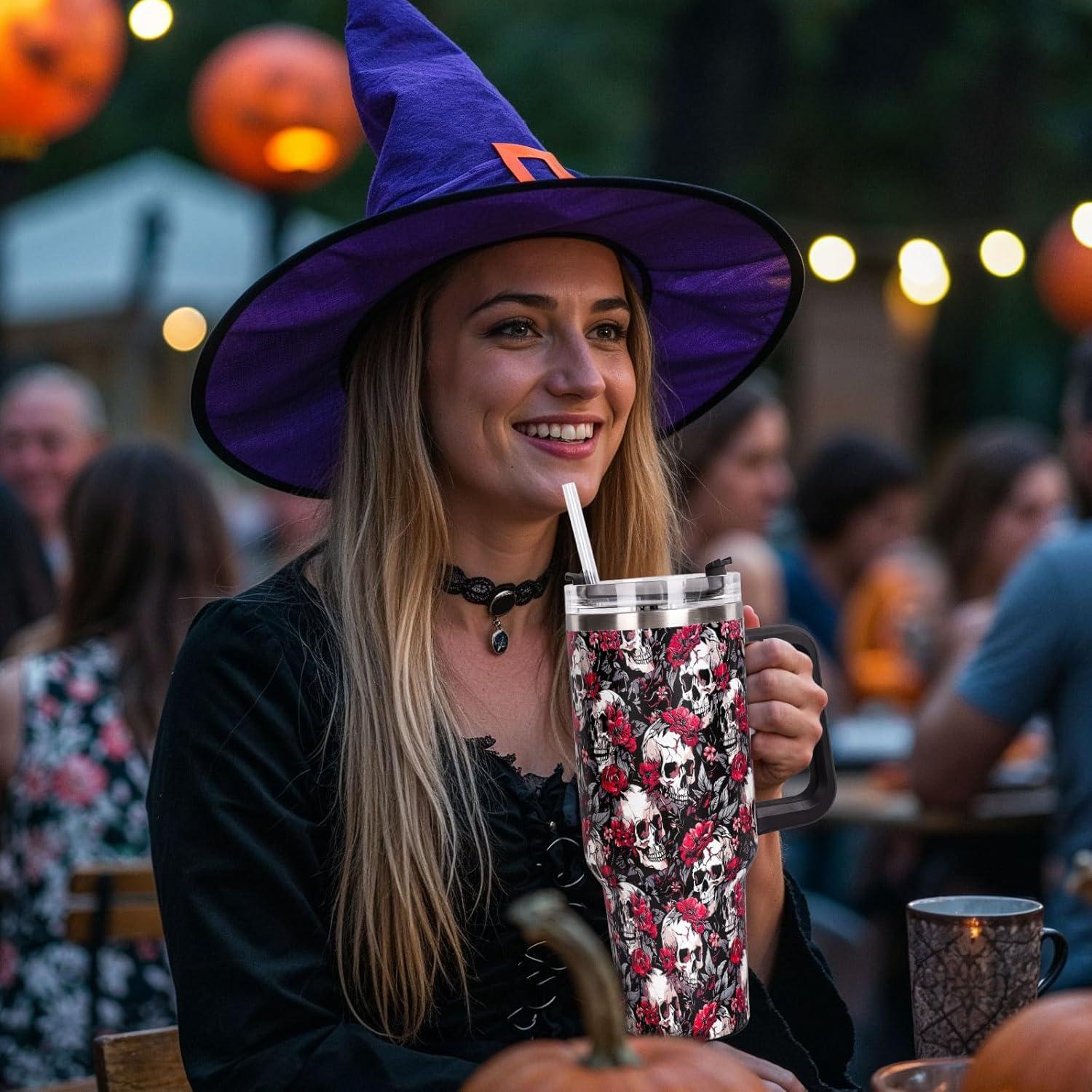 imageWhaline 40oz Halloween Skull Tumbler with Straw and Lid Spooky Skull Flower Travel Coffee Tumbler Cup with Handle for Trick or Treat Birthday Party Giftsfloral skeleton