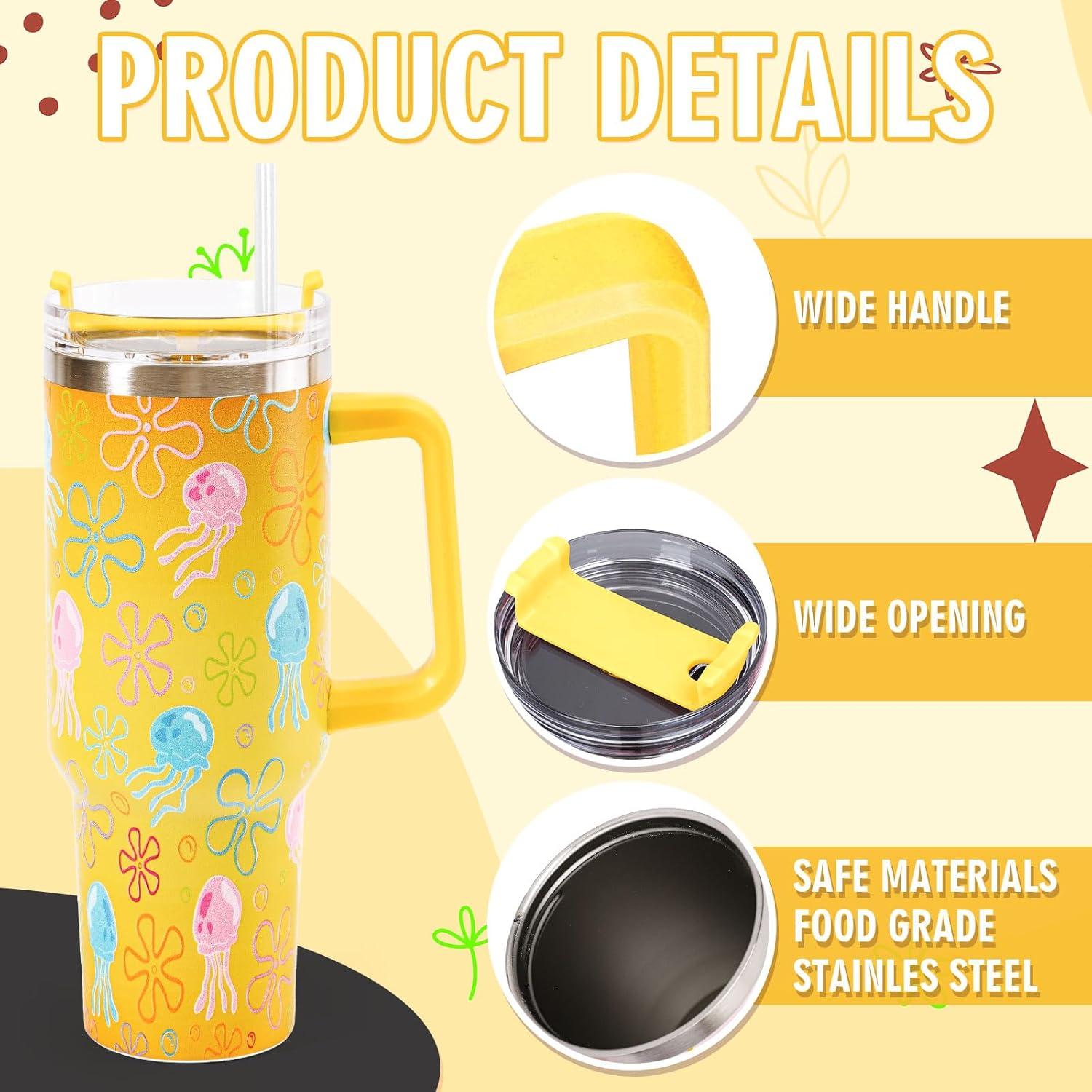 imageWhaline 40oz Halloween Skull Tumbler with Straw and Lid Spooky Skull Flower Travel Coffee Tumbler Cup with Handle for Trick or Treat Birthday Party GiftsCartoon Sponge