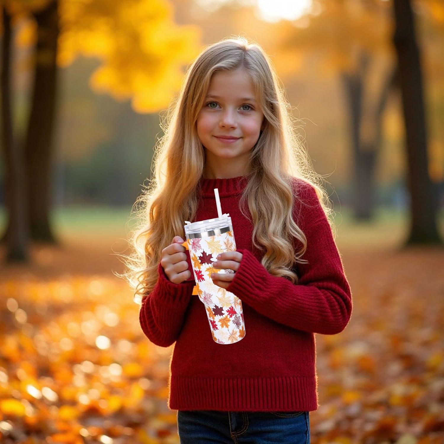 imageWhaline 40oz Halloween Skull Tumbler with Straw and Lid Spooky Skull Flower Travel Coffee Tumbler Cup with Handle for Trick or Treat Birthday Party Giftsfall leaves