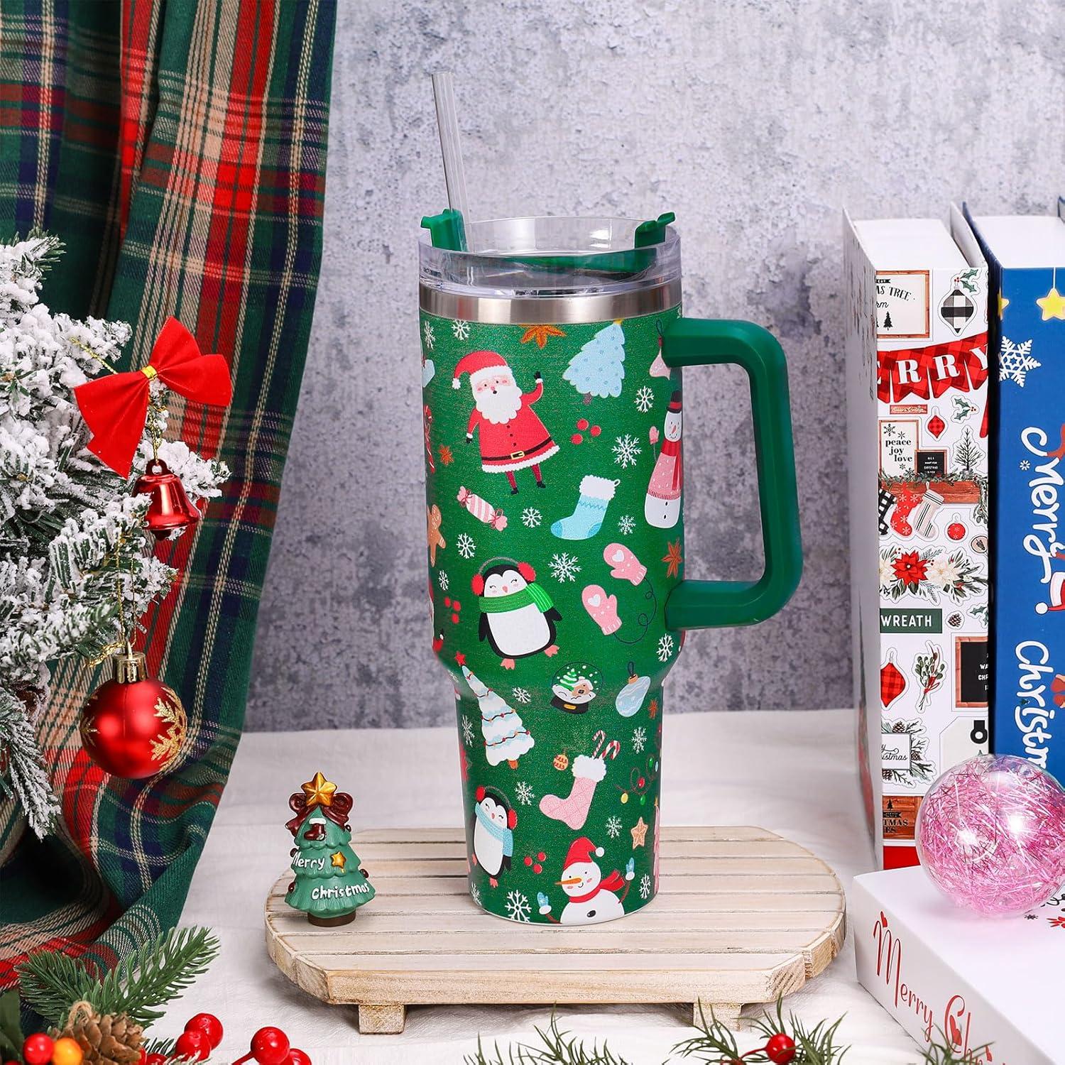 imageWhaline 40oz Halloween Skull Tumbler with Straw and Lid Spooky Skull Flower Travel Coffee Tumbler Cup with Handle for Trick or Treat Birthday Party GiftsGreen Christmas