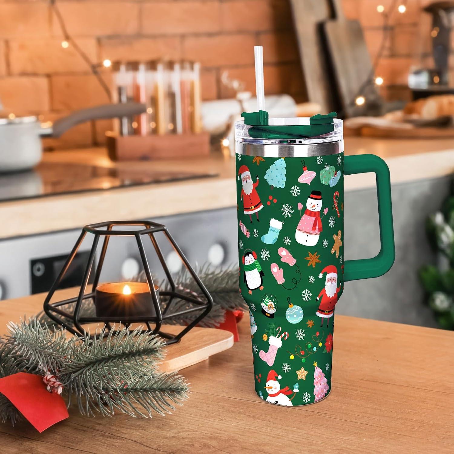 imageWhaline 40oz Halloween Skull Tumbler with Straw and Lid Spooky Skull Flower Travel Coffee Tumbler Cup with Handle for Trick or Treat Birthday Party GiftsGreen Christmas