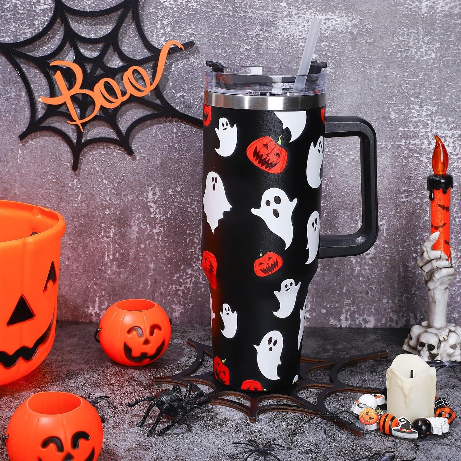 imageWhaline 40oz Halloween Skull Tumbler with Straw and Lid Spooky Skull Flower Travel Coffee Tumbler Cup with Handle for Trick or Treat Birthday Party GiftsGhost