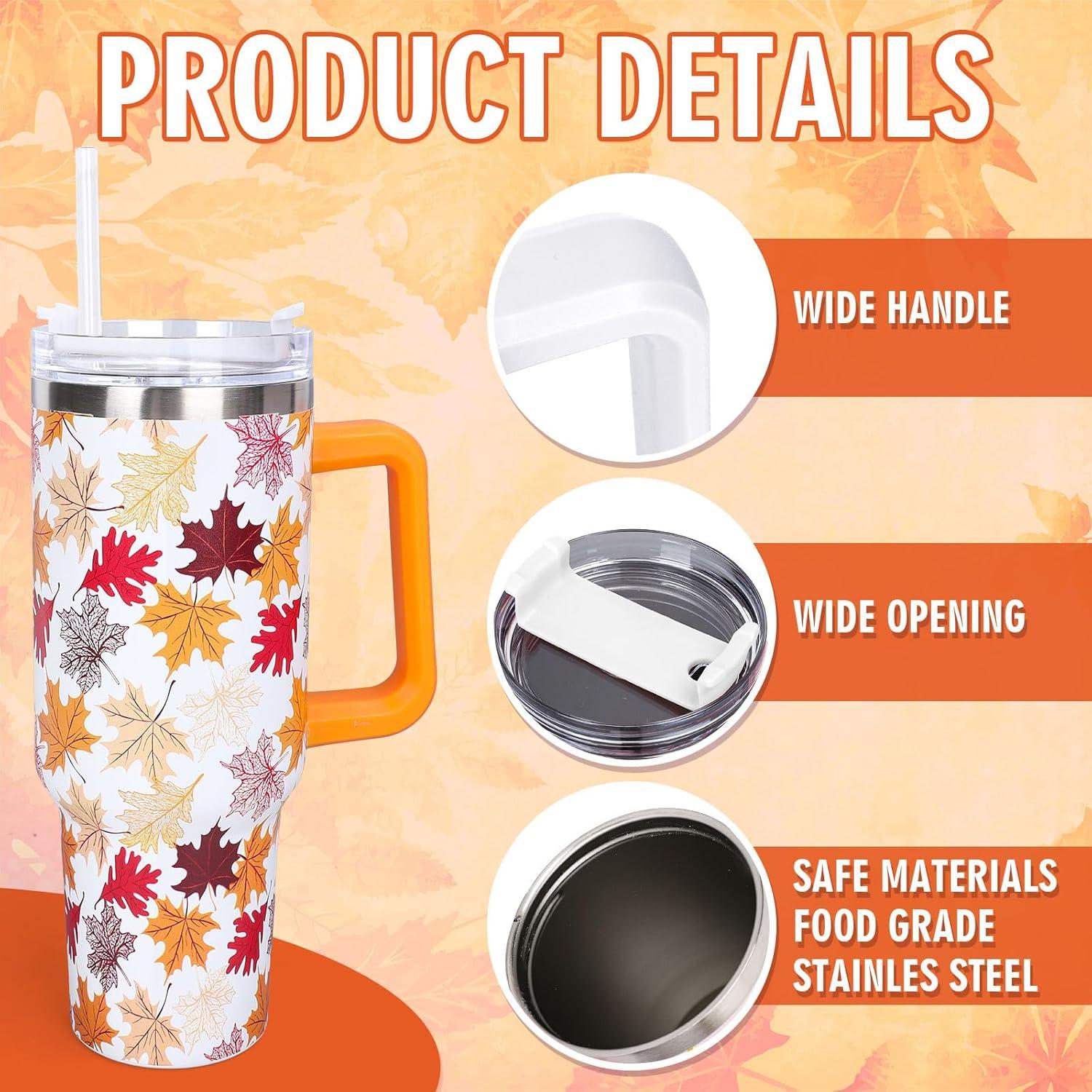 imageWhaline 40oz Halloween Skull Tumbler with Straw and Lid Spooky Skull Flower Travel Coffee Tumbler Cup with Handle for Trick or Treat Birthday Party Giftsfall leaves