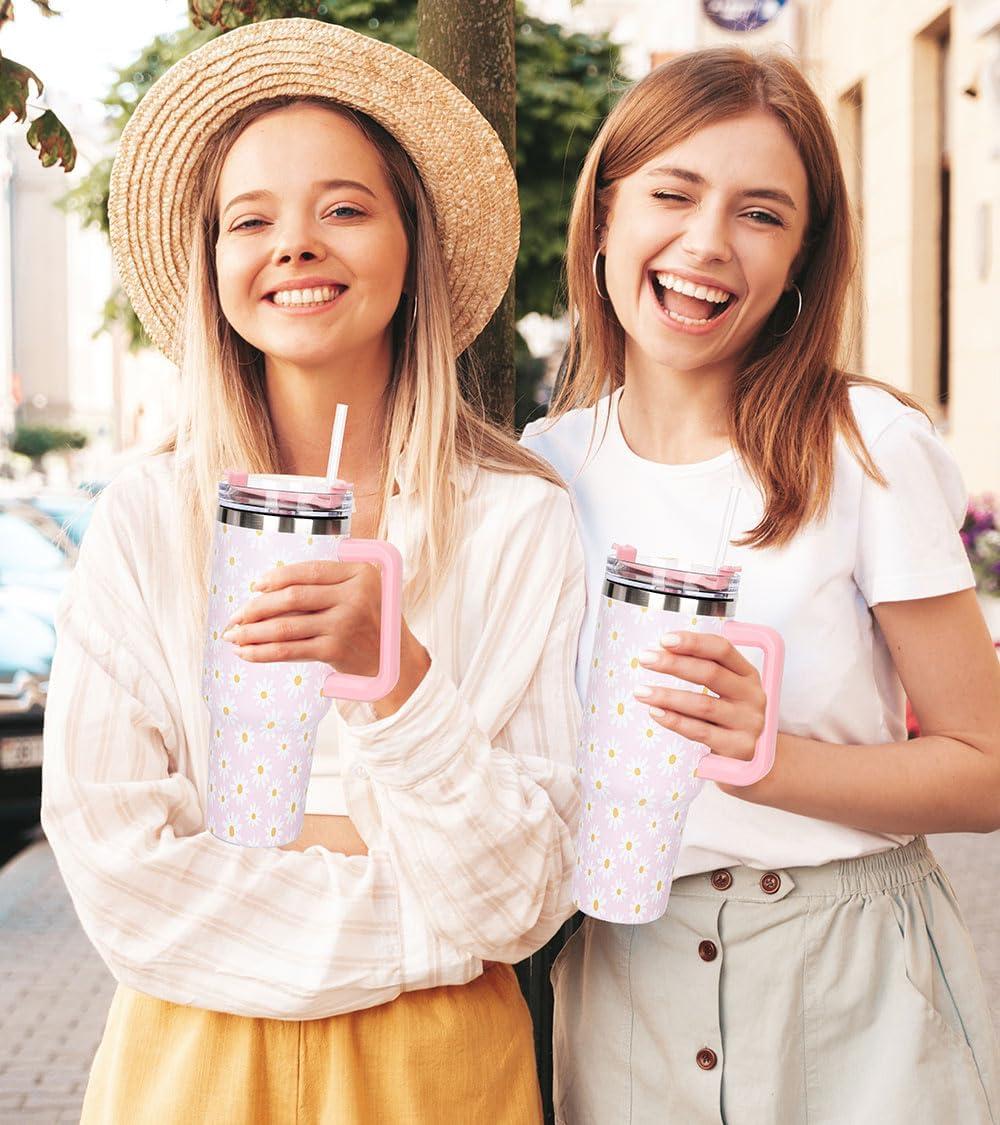 imageWhaline 40oz Halloween Skull Tumbler with Straw and Lid Spooky Skull Flower Travel Coffee Tumbler Cup with Handle for Trick or Treat Birthday Party Giftsdaisy