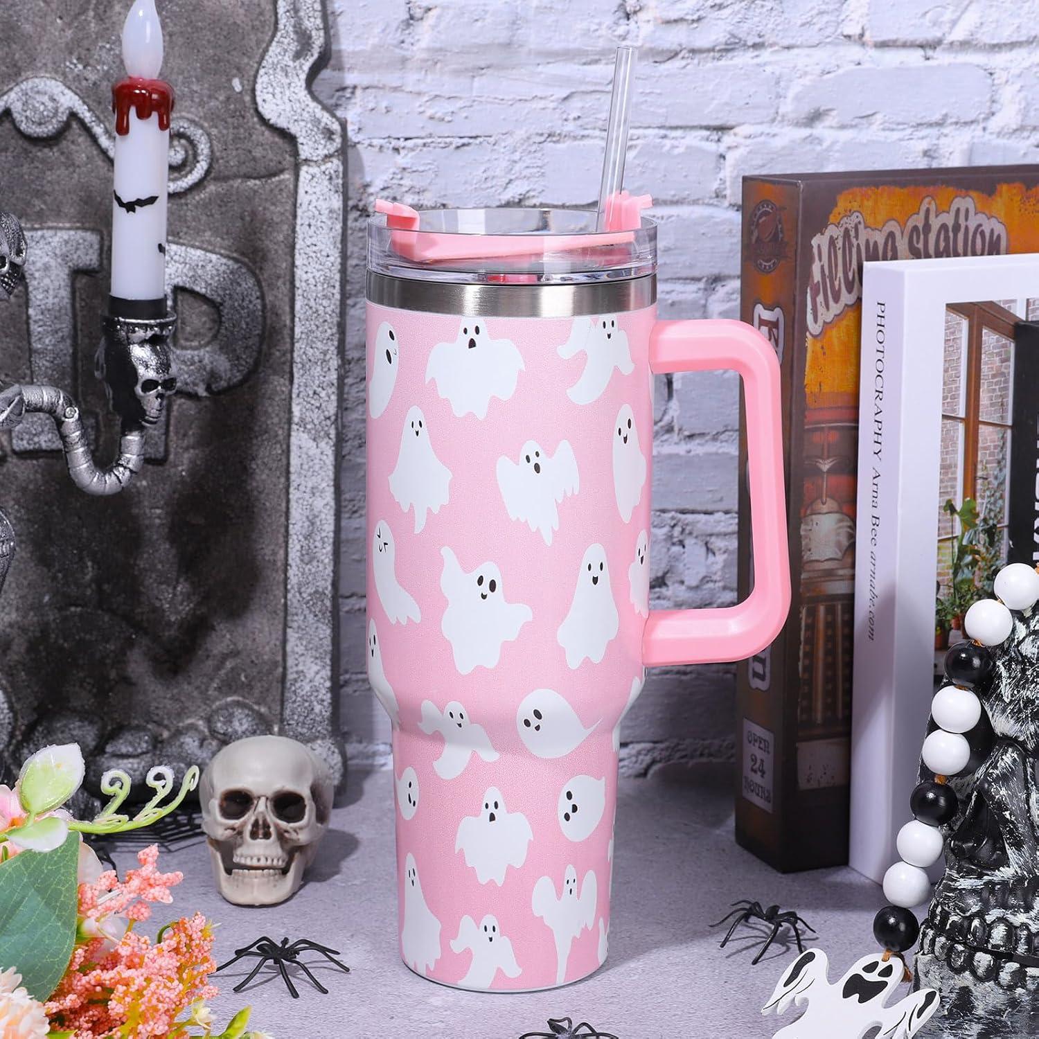 imageWhaline 40oz Halloween Skull Tumbler with Straw and Lid Spooky Skull Flower Travel Coffee Tumbler Cup with Handle for Trick or Treat Birthday Party Giftspink ghost