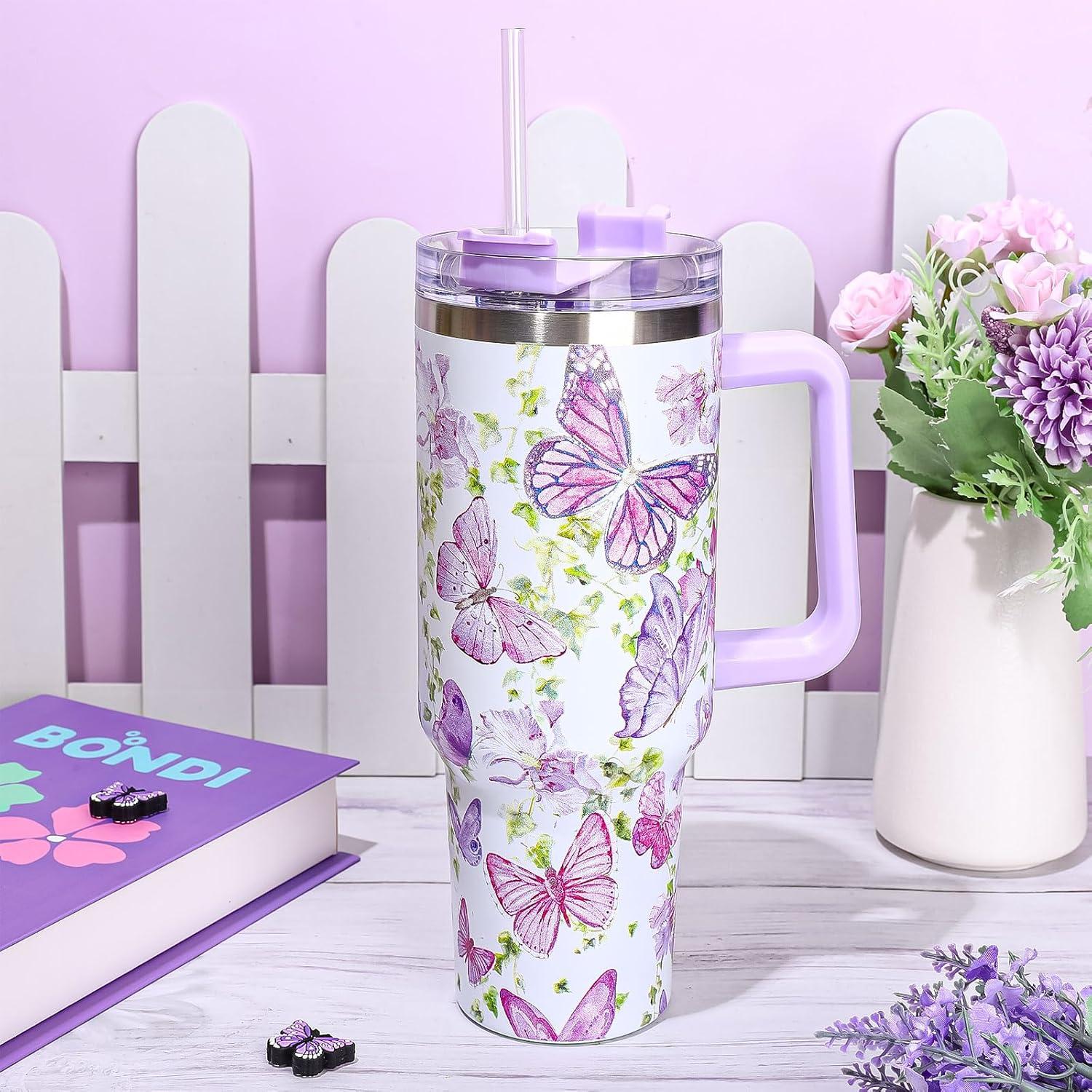 imageWhaline 40oz Halloween Skull Tumbler with Straw and Lid Spooky Skull Flower Travel Coffee Tumbler Cup with Handle for Trick or Treat Birthday Party Giftspurple butterfly