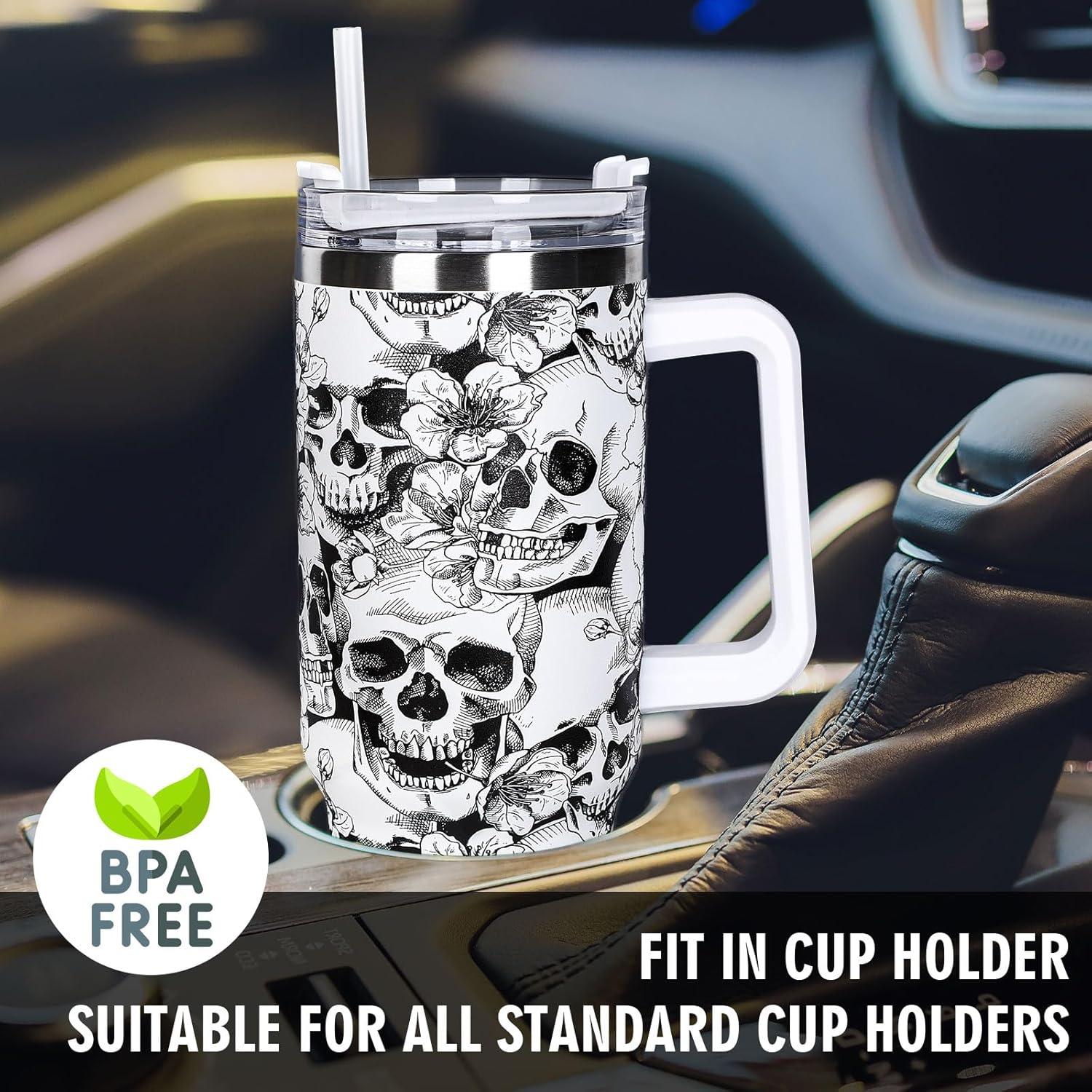 imageWhaline 40oz Halloween Skull Tumbler with Straw and Lid Spooky Skull Flower Travel Coffee Tumbler Cup with Handle for Trick or Treat Birthday Party GiftsSkeleton