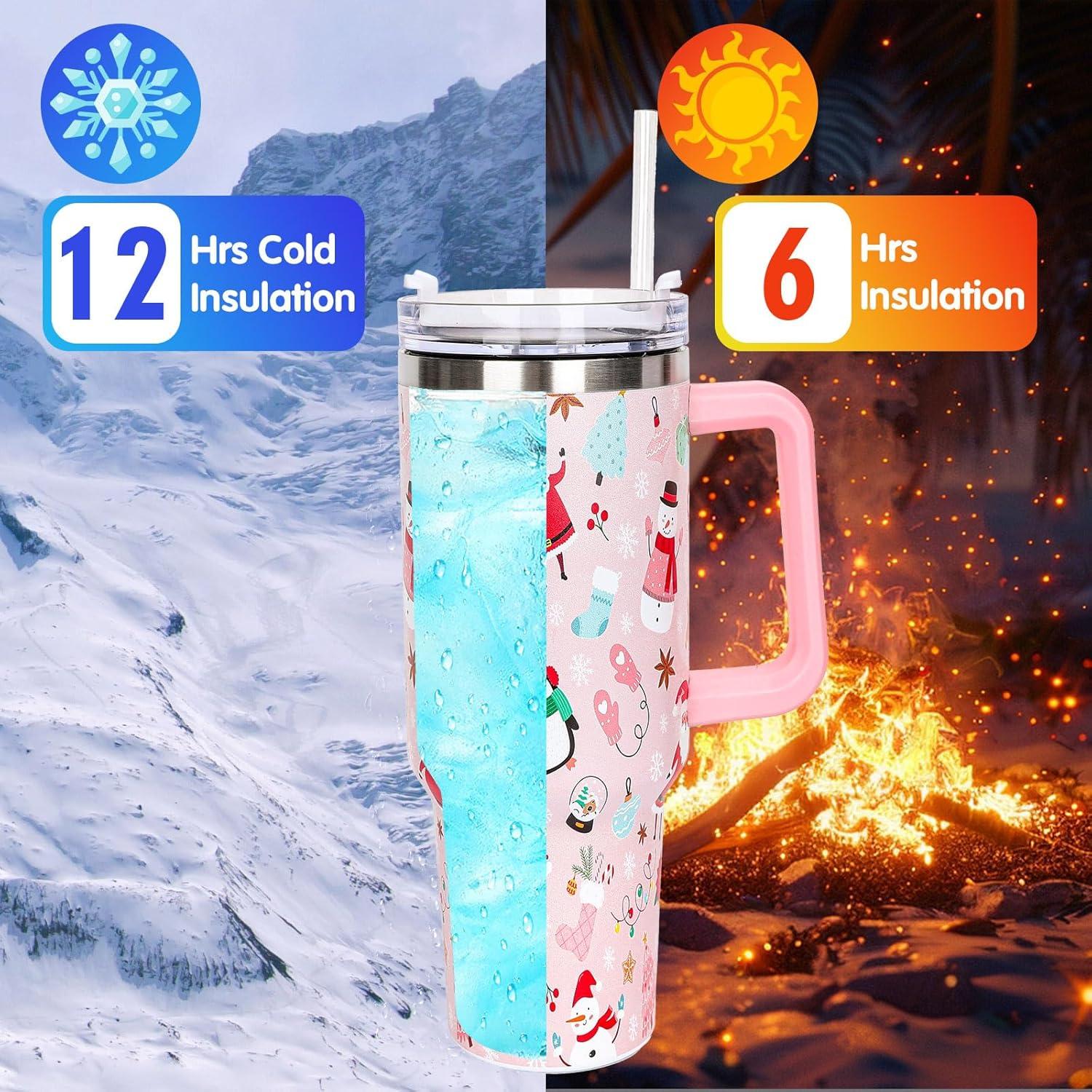 imageWhaline 40oz Halloween Skull Tumbler with Straw and Lid Spooky Skull Flower Travel Coffee Tumbler Cup with Handle for Trick or Treat Birthday Party GiftsChristmas Cartoon