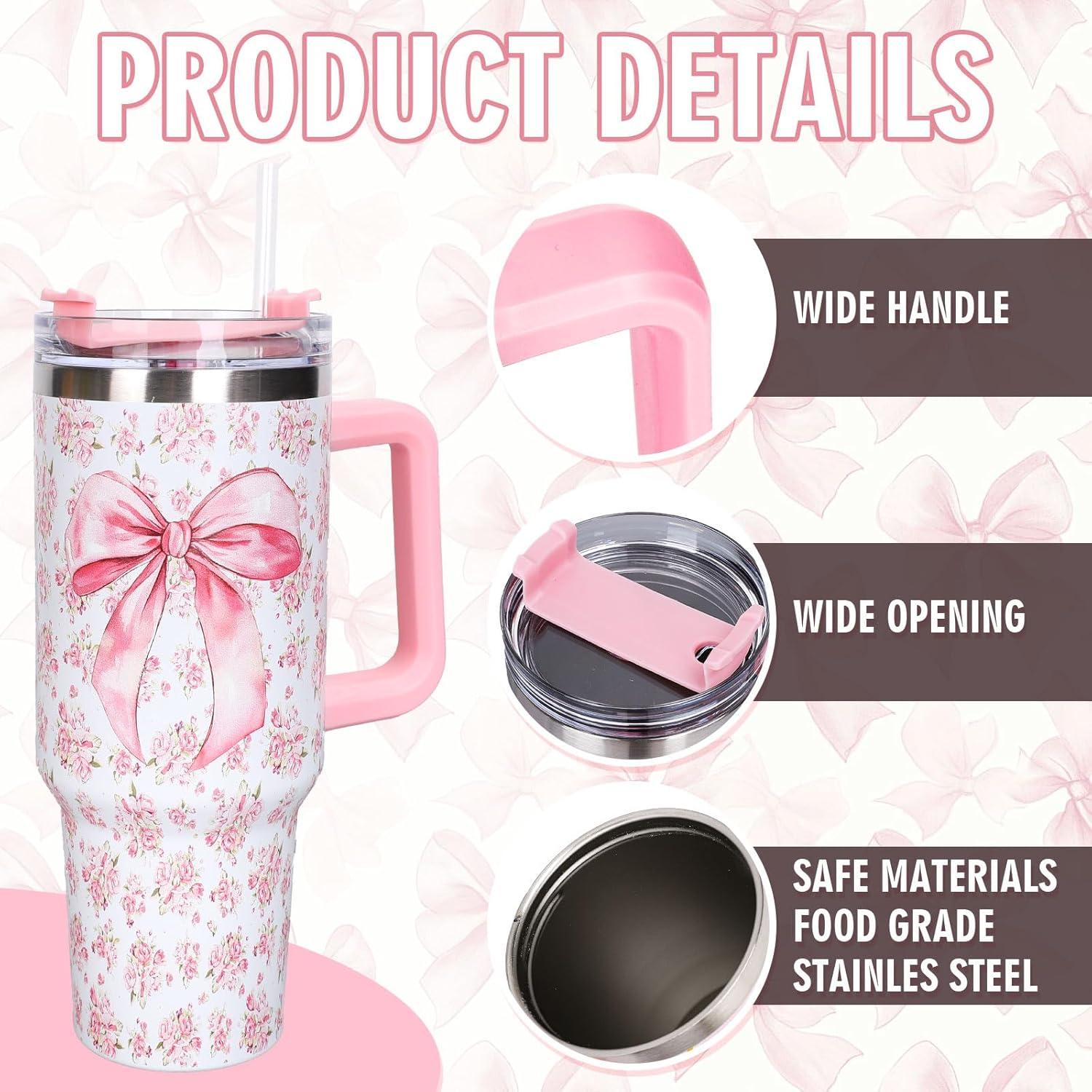 imageWhaline 40oz Halloween Skull Tumbler with Straw and Lid Spooky Skull Flower Travel Coffee Tumbler Cup with Handle for Trick or Treat Birthday Party Giftspink flower bow