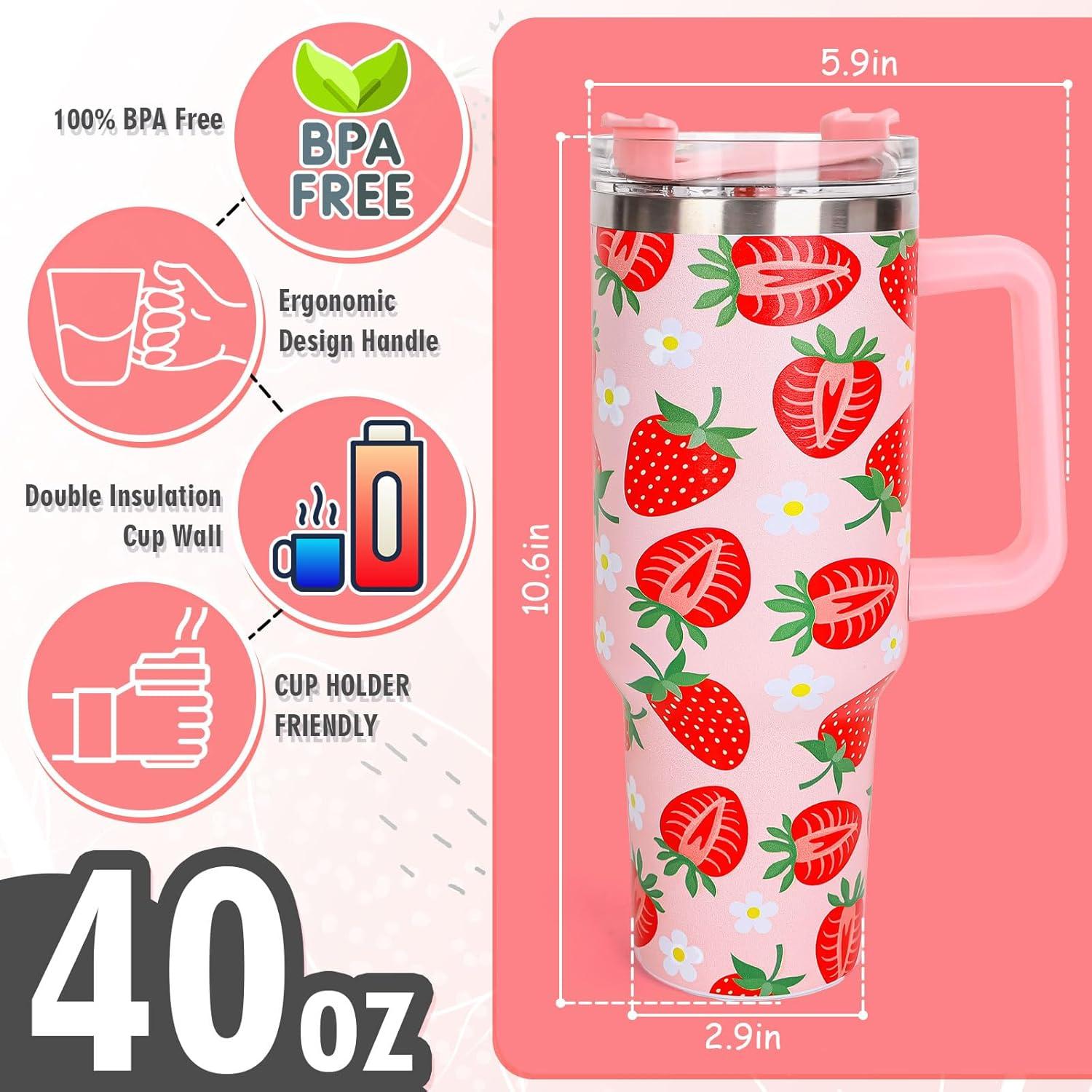 imageWhaline 40oz Halloween Skull Tumbler with Straw and Lid Spooky Skull Flower Travel Coffee Tumbler Cup with Handle for Trick or Treat Birthday Party Giftsstrawberry