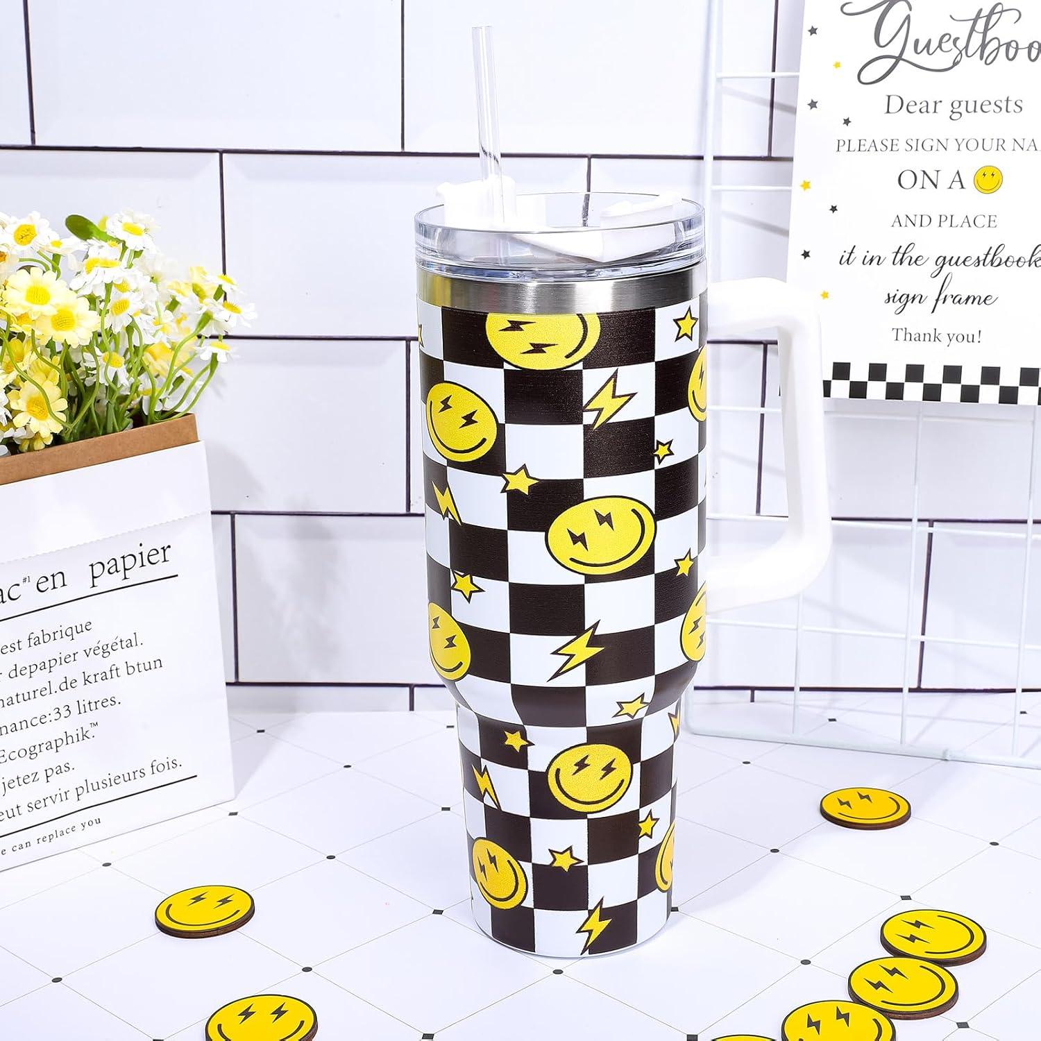 imageWhaline 40oz Halloween Skull Tumbler with Straw and Lid Spooky Skull Flower Travel Coffee Tumbler Cup with Handle for Trick or Treat Birthday Party Giftsone happy dude