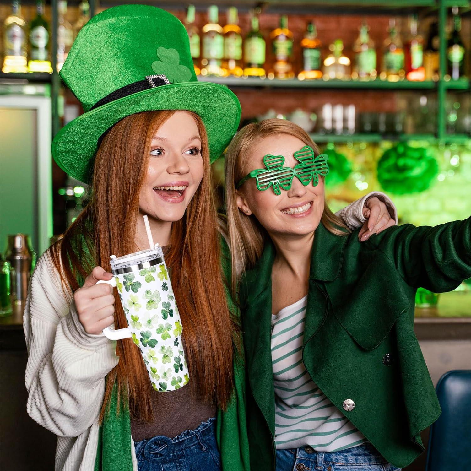 imageWhaline 40oz Halloween Skull Tumbler with Straw and Lid Spooky Skull Flower Travel Coffee Tumbler Cup with Handle for Trick or Treat Birthday Party Giftsshamrock