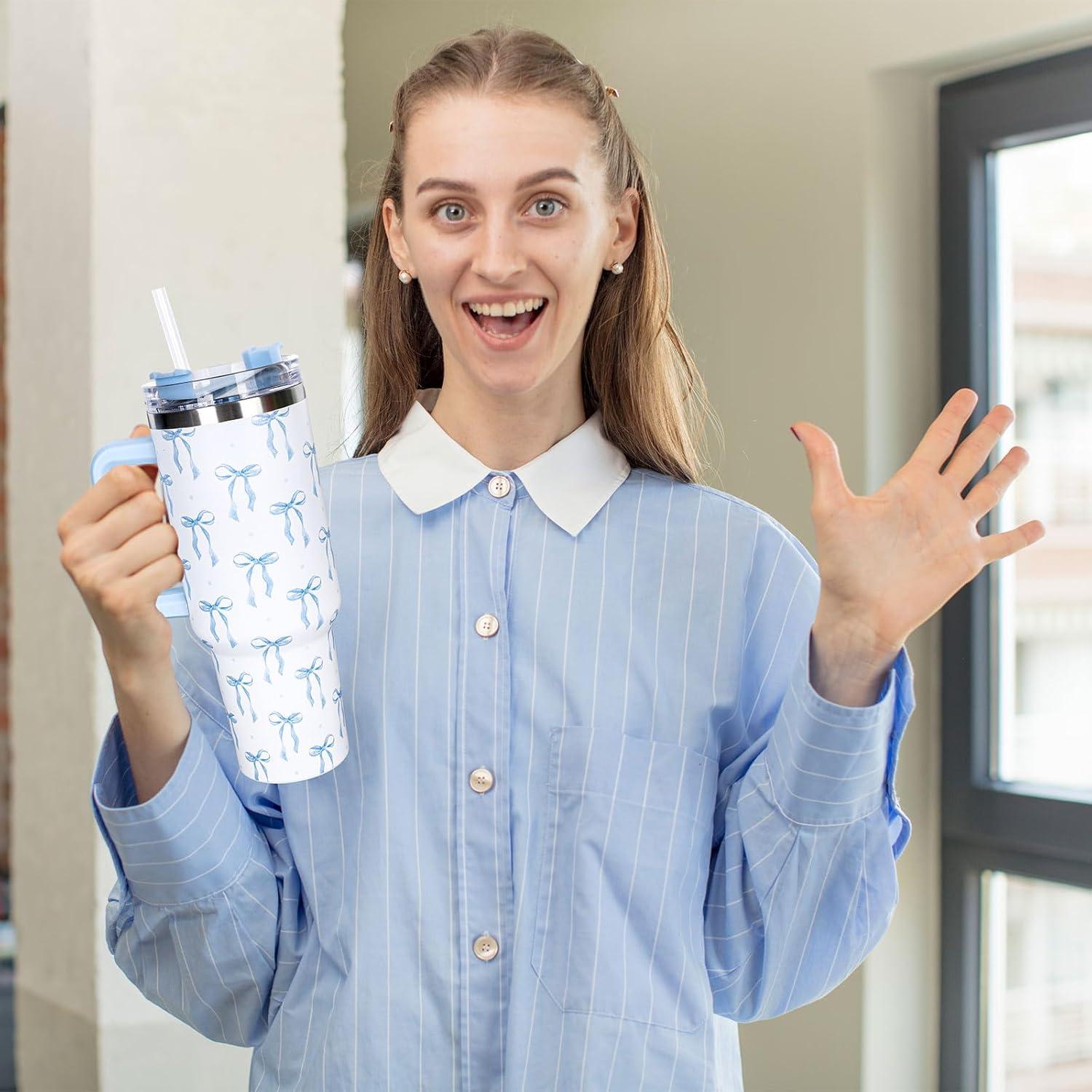 imageWhaline 40oz Halloween Skull Tumbler with Straw and Lid Spooky Skull Flower Travel Coffee Tumbler Cup with Handle for Trick or Treat Birthday Party Giftsblue bow