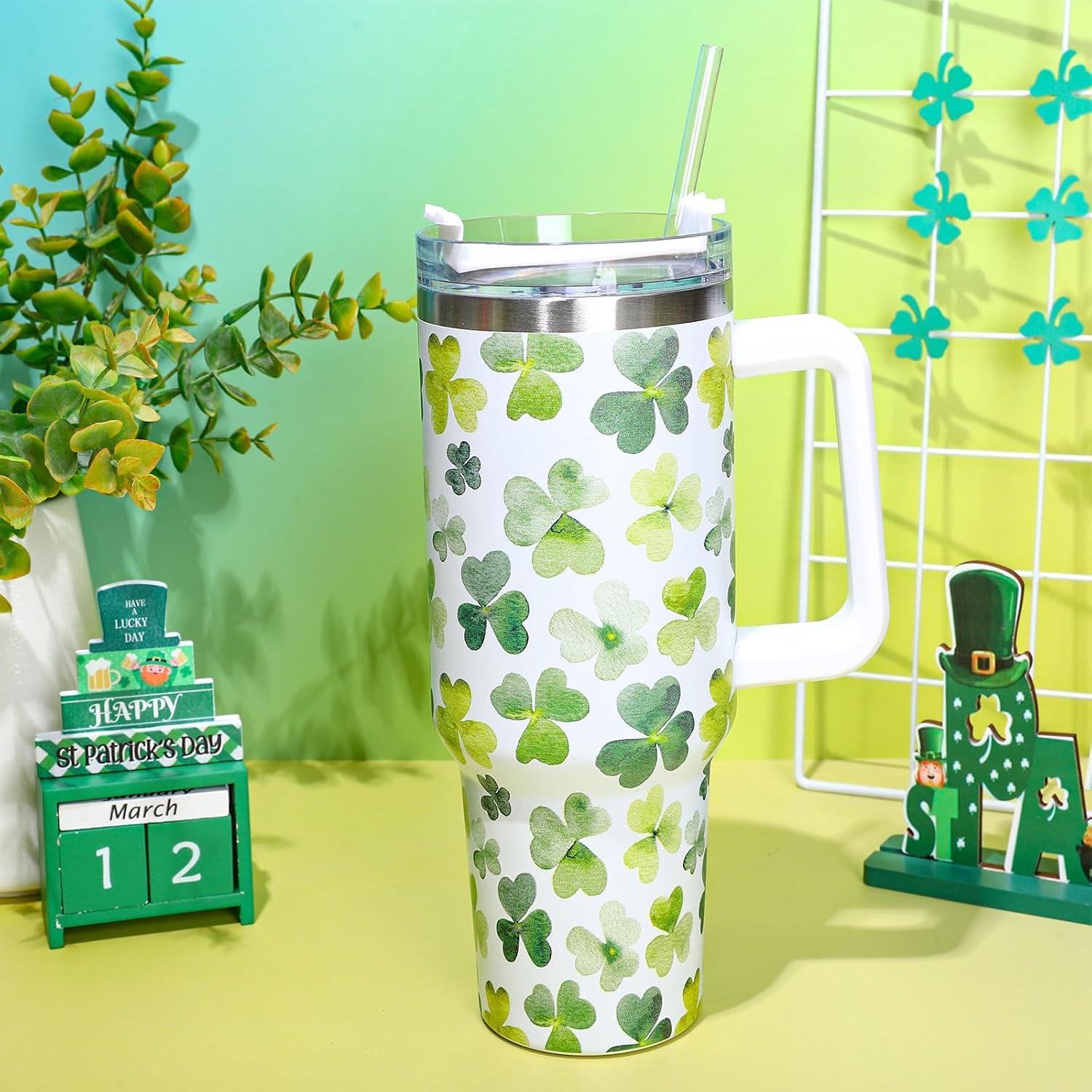 imageWhaline 40oz Halloween Skull Tumbler with Straw and Lid Spooky Skull Flower Travel Coffee Tumbler Cup with Handle for Trick or Treat Birthday Party Giftsshamrock