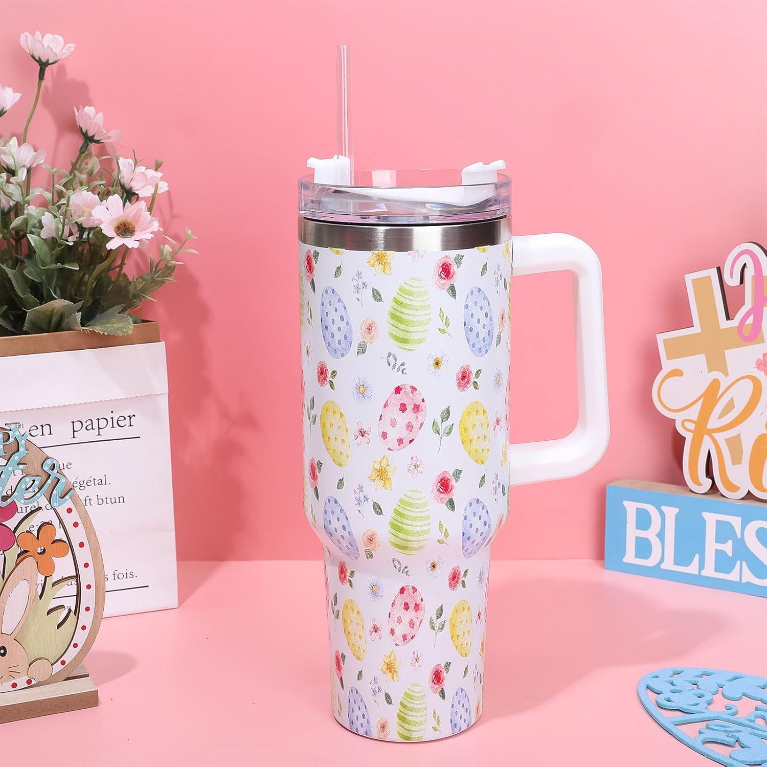 imageWhaline 40oz Halloween Skull Tumbler with Straw and Lid Spooky Skull Flower Travel Coffee Tumbler Cup with Handle for Trick or Treat Birthday Party GiftsEaster Egg