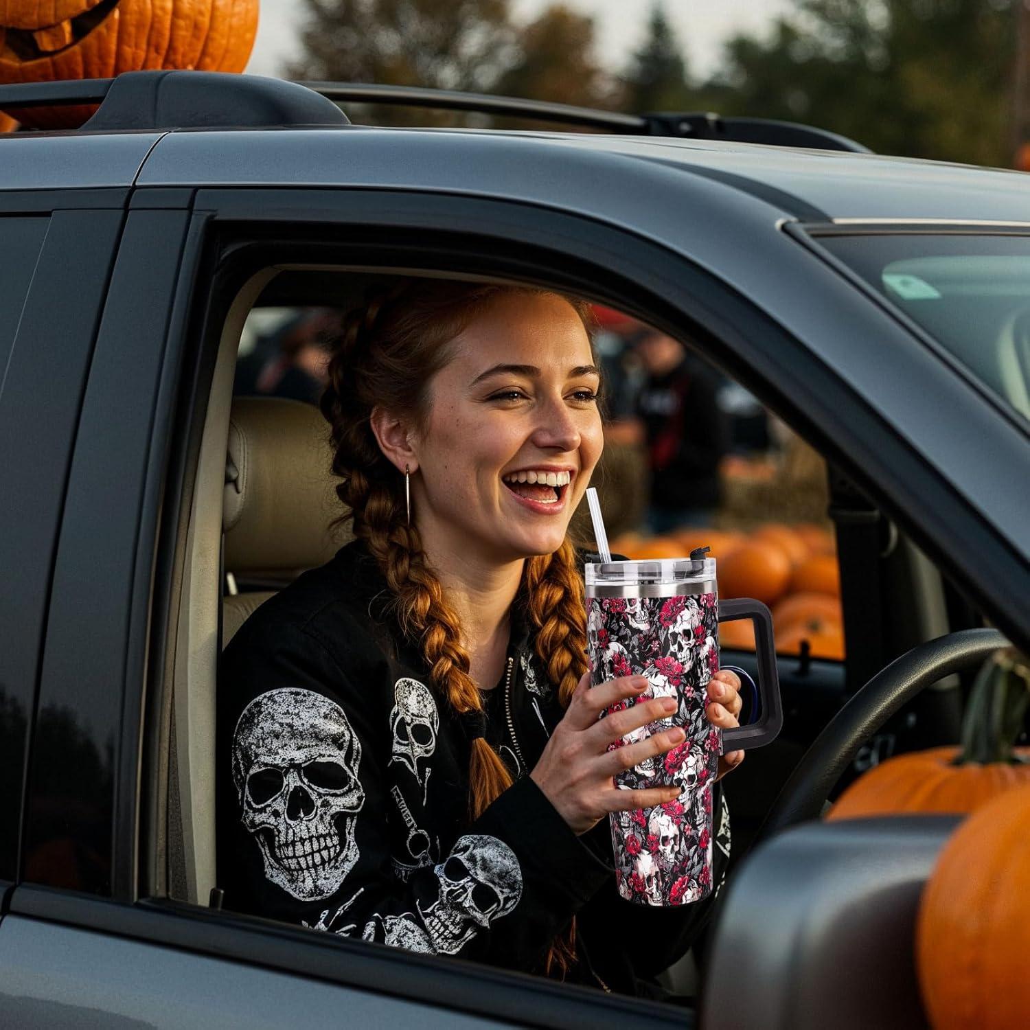 imageWhaline 40oz Halloween Skull Tumbler with Straw and Lid Spooky Skull Flower Travel Coffee Tumbler Cup with Handle for Trick or Treat Birthday Party Giftsfloral skeleton
