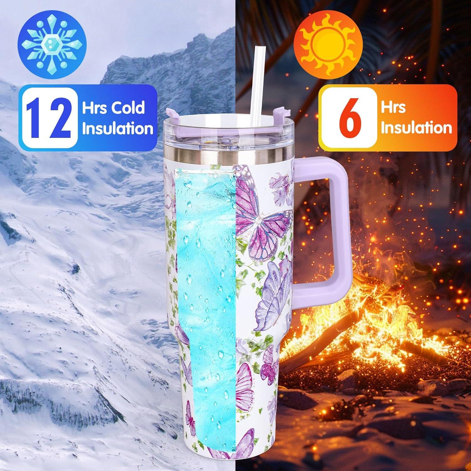 imageWhaline 40oz Halloween Skull Tumbler with Straw and Lid Spooky Skull Flower Travel Coffee Tumbler Cup with Handle for Trick or Treat Birthday Party Giftspurple butterfly