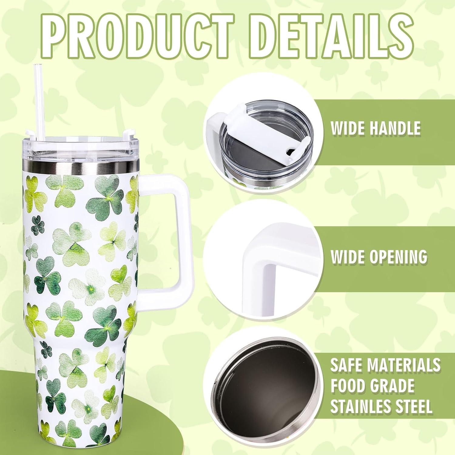 imageWhaline 40oz Halloween Skull Tumbler with Straw and Lid Spooky Skull Flower Travel Coffee Tumbler Cup with Handle for Trick or Treat Birthday Party Giftsshamrock