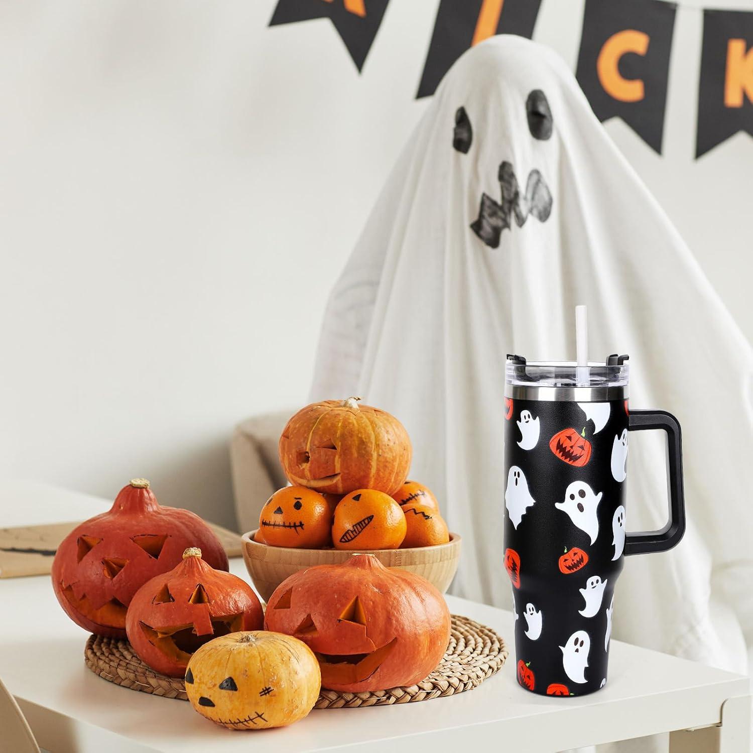 imageWhaline 40oz Halloween Skull Tumbler with Straw and Lid Spooky Skull Flower Travel Coffee Tumbler Cup with Handle for Trick or Treat Birthday Party GiftsGhost