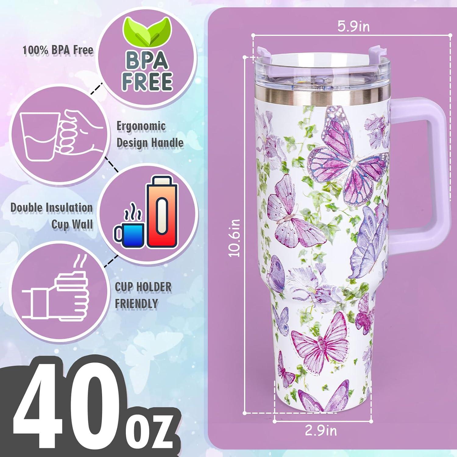 imageWhaline 40oz Halloween Skull Tumbler with Straw and Lid Spooky Skull Flower Travel Coffee Tumbler Cup with Handle for Trick or Treat Birthday Party Giftspurple butterfly