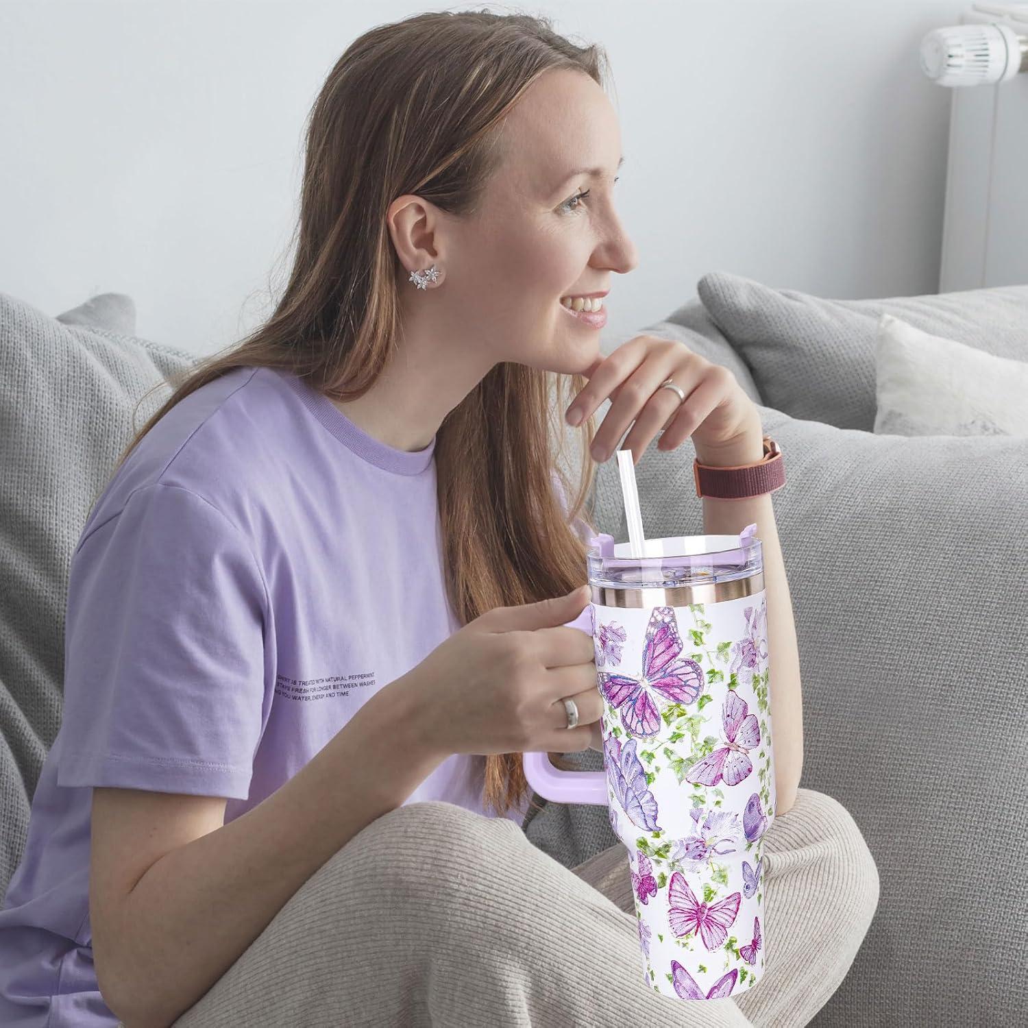 imageWhaline 40oz Halloween Skull Tumbler with Straw and Lid Spooky Skull Flower Travel Coffee Tumbler Cup with Handle for Trick or Treat Birthday Party Giftspurple butterfly