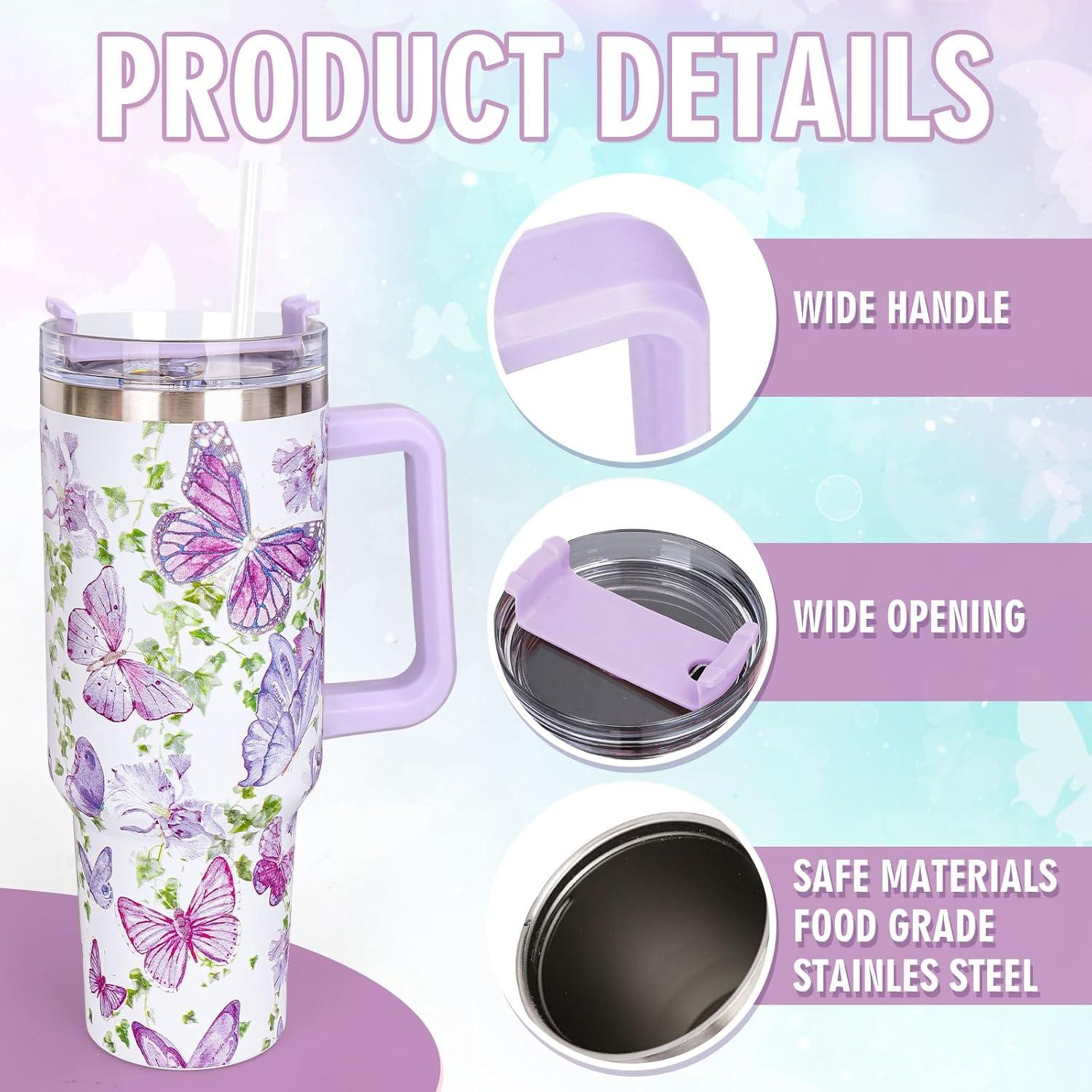 imageWhaline 40oz Halloween Skull Tumbler with Straw and Lid Spooky Skull Flower Travel Coffee Tumbler Cup with Handle for Trick or Treat Birthday Party Giftspurple butterfly