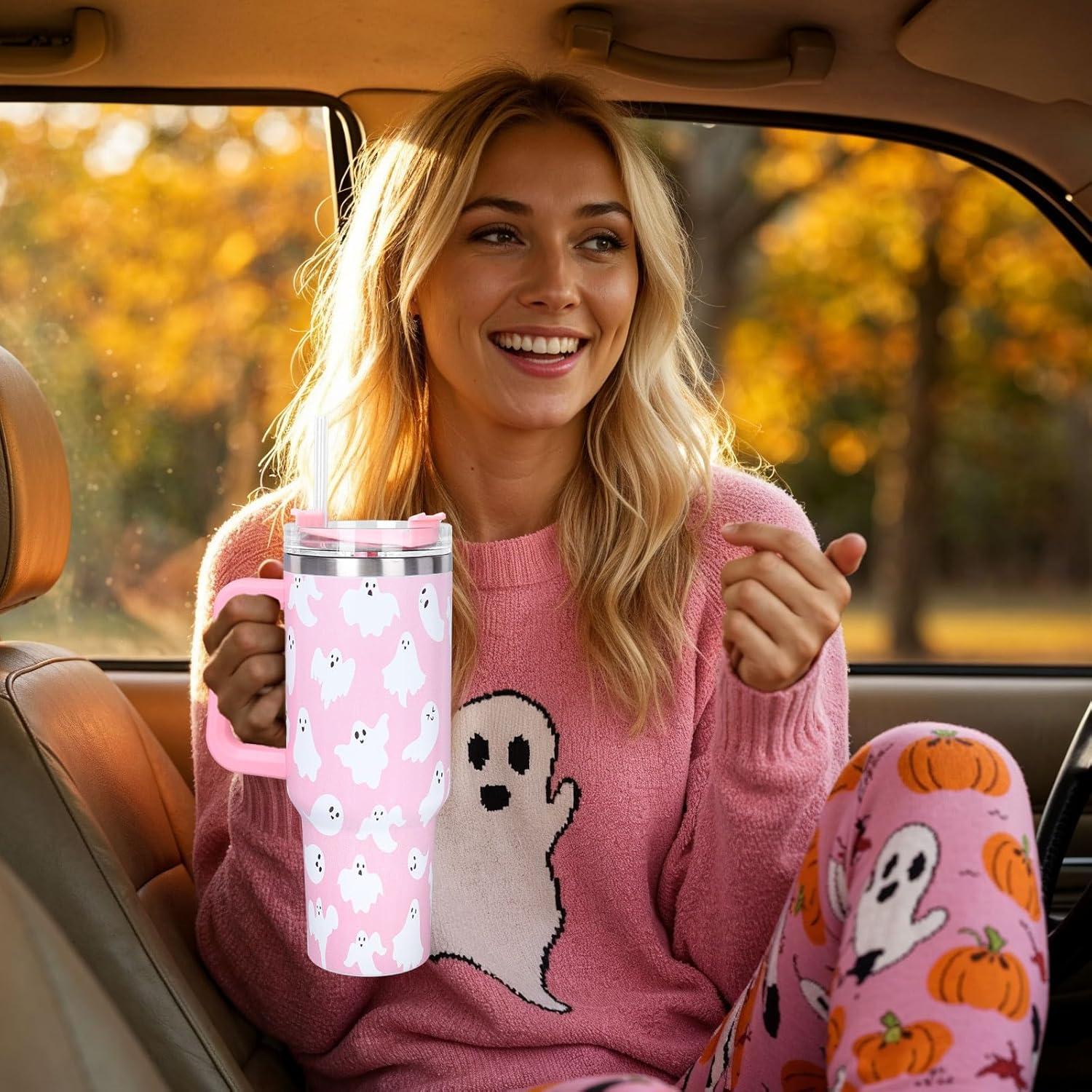 imageWhaline 40oz Halloween Skull Tumbler with Straw and Lid Spooky Skull Flower Travel Coffee Tumbler Cup with Handle for Trick or Treat Birthday Party Giftspink ghost