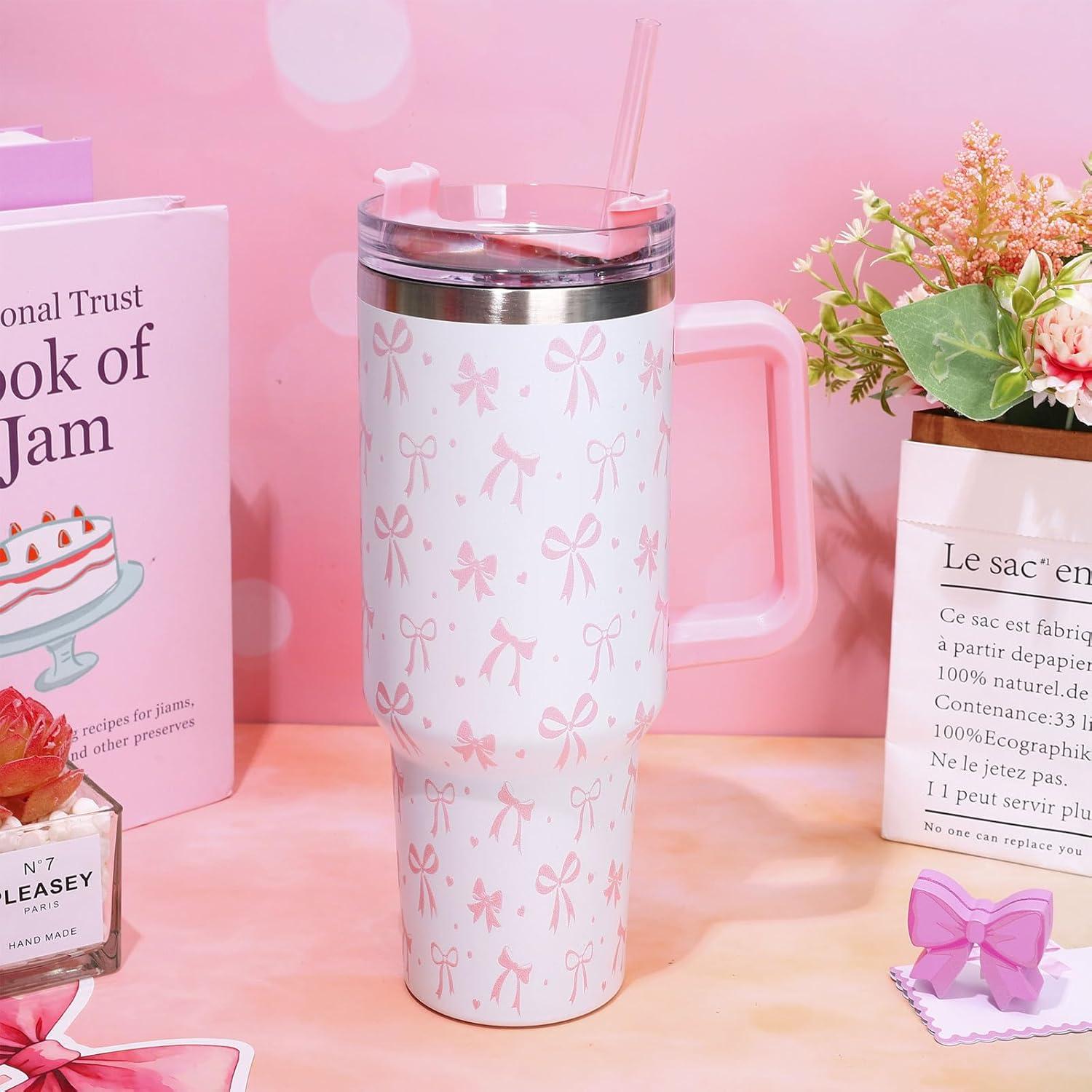 imageWhaline 40oz Halloween Skull Tumbler with Straw and Lid Spooky Skull Flower Travel Coffee Tumbler Cup with Handle for Trick or Treat Birthday Party Giftscute pink bow