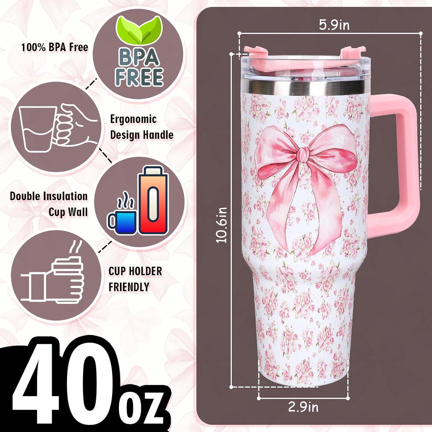 imageWhaline 40oz Halloween Skull Tumbler with Straw and Lid Spooky Skull Flower Travel Coffee Tumbler Cup with Handle for Trick or Treat Birthday Party Giftspink flower bow