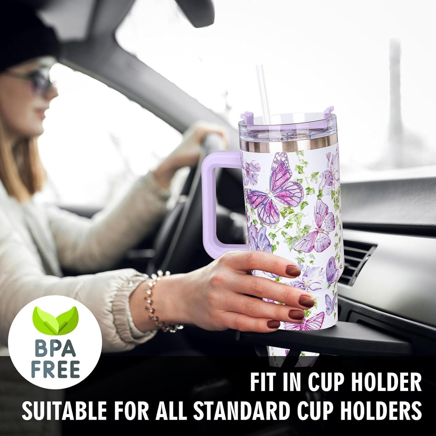 imageWhaline 40oz Halloween Skull Tumbler with Straw and Lid Spooky Skull Flower Travel Coffee Tumbler Cup with Handle for Trick or Treat Birthday Party Giftspurple butterfly