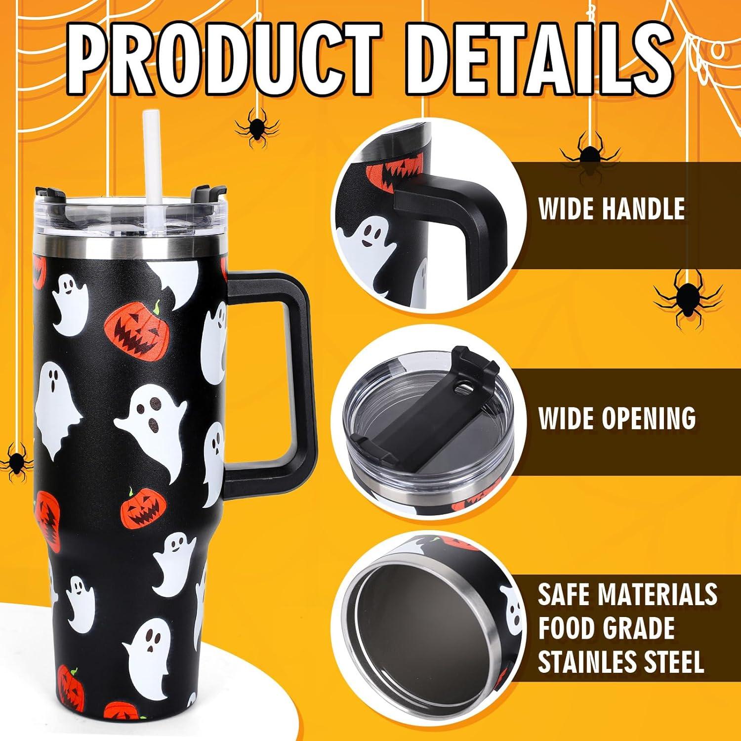 imageWhaline 40oz Halloween Skull Tumbler with Straw and Lid Spooky Skull Flower Travel Coffee Tumbler Cup with Handle for Trick or Treat Birthday Party GiftsGhost